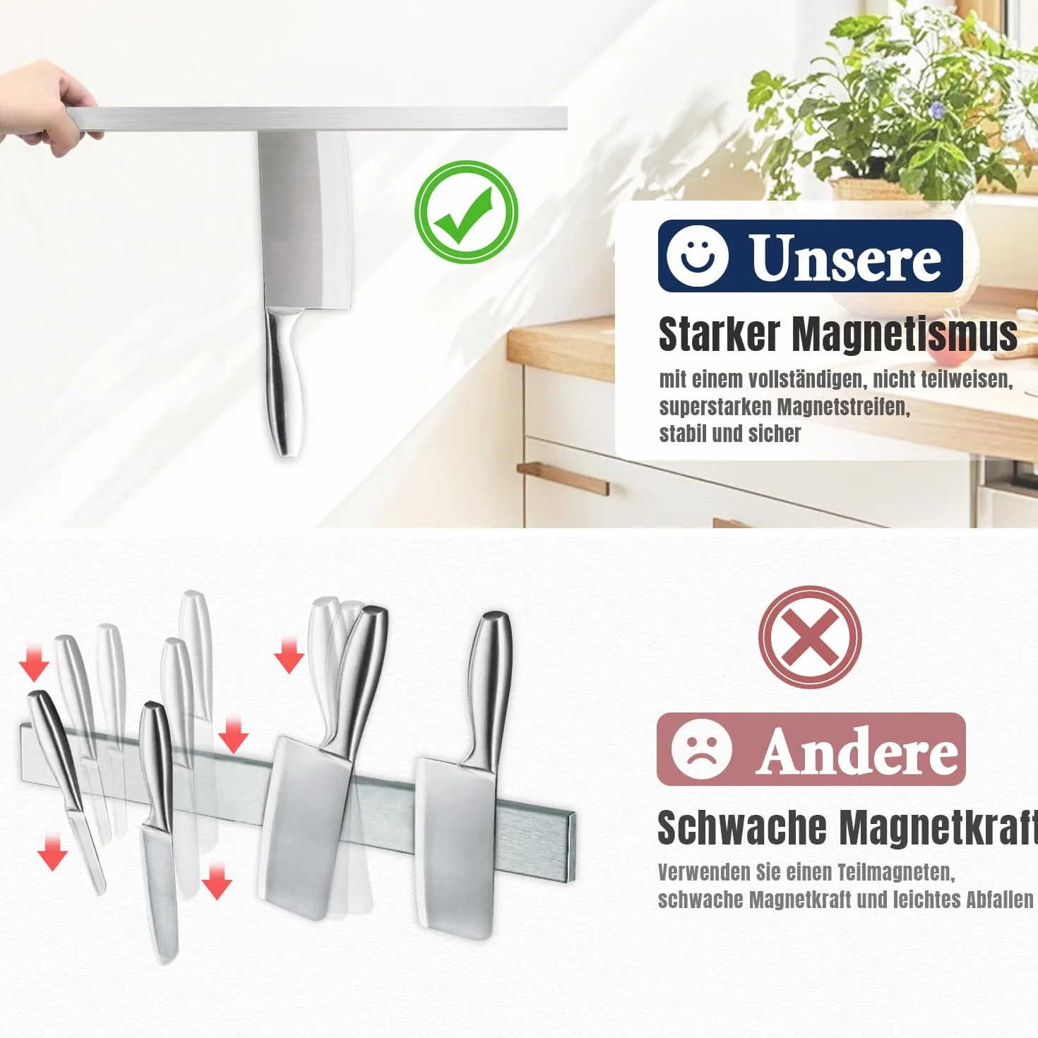 Barra magnética para cuchillos 43 cm acero inoxidable imán extrafuerte 10 ganchos