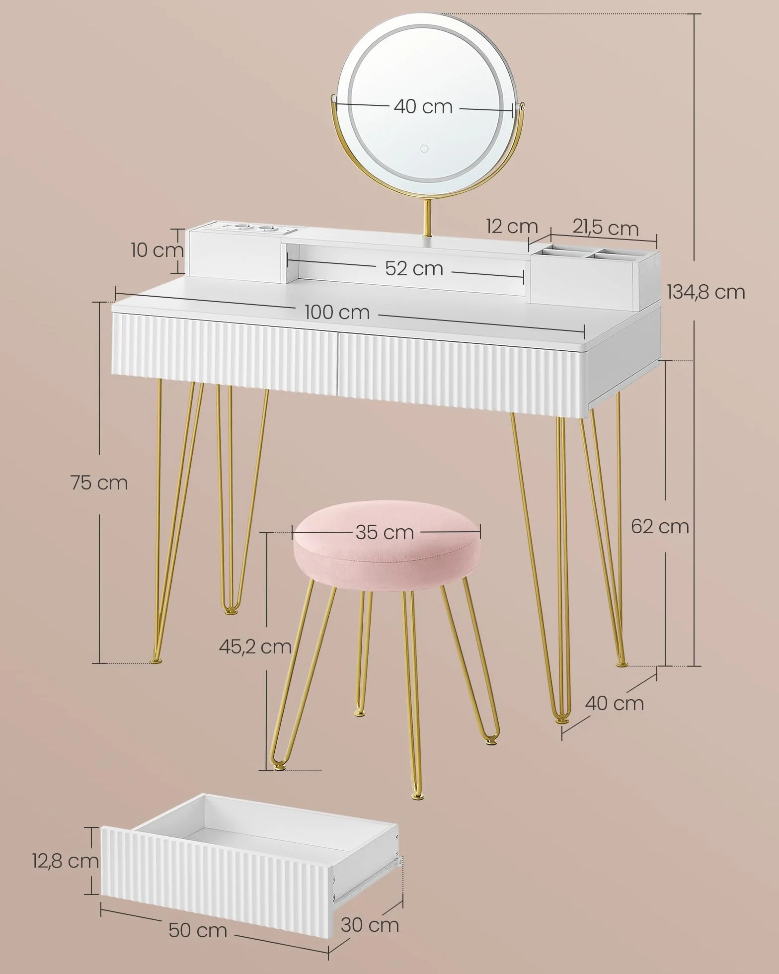 VASAGLE Tocador con Taburete e Iluminación Espejo Giratorio 40 x 100 x 134,8 cm Blanco Mate y Dorado Pálido