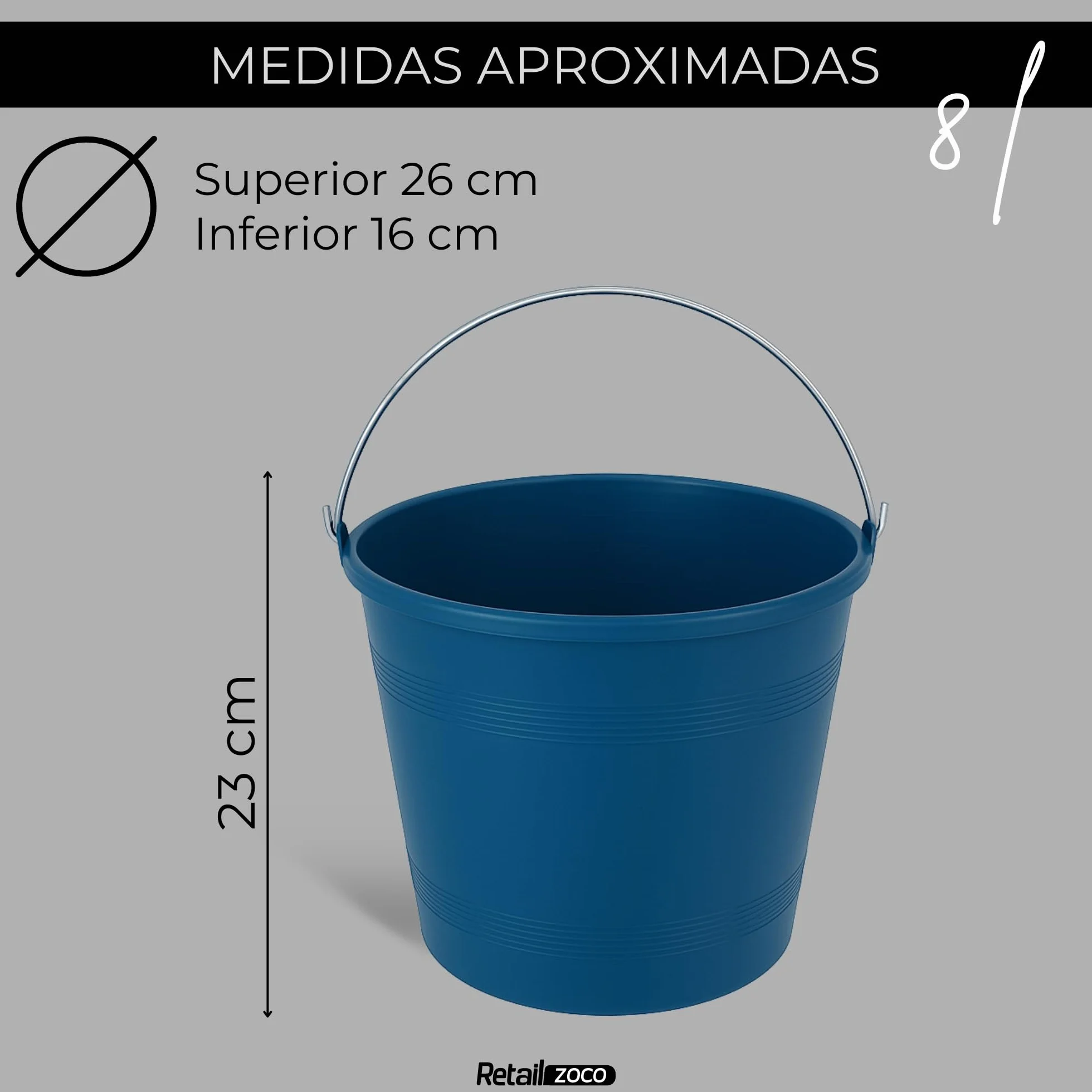 TECHZOCO Cubo engomado plástico reciclado con asa metálica 8 litros 22.5 cm altura