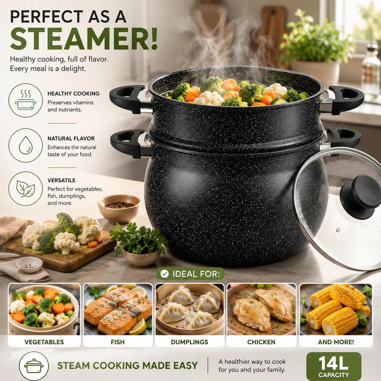 Royal Swiss Cuscoussier 30 cm 14L tapa de cristal revestimiento piedra antiadherente aluminio negro inducción olla vapor couscous verduras