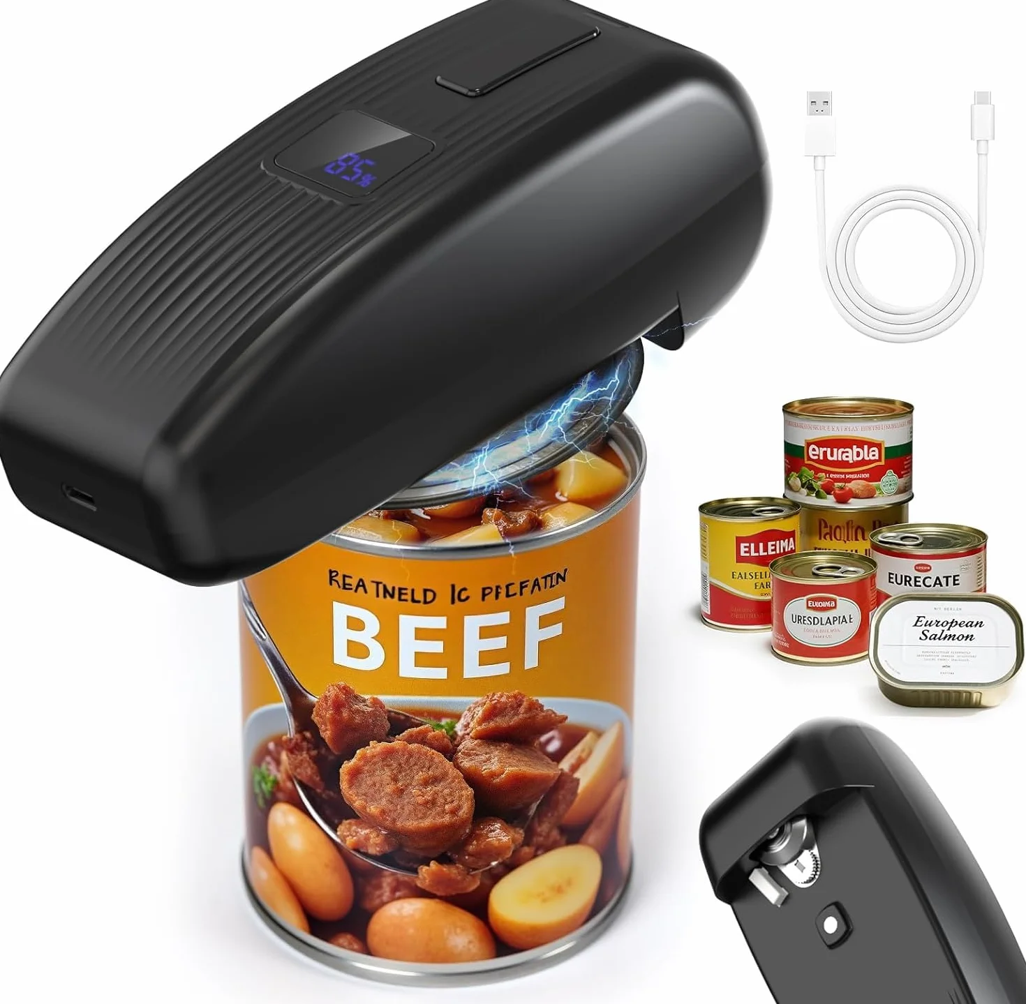 Abrelatas Eléctrico Automático Recargable con un Solo Toque Inteligente para Todos los Tamaños de Latas – Negro