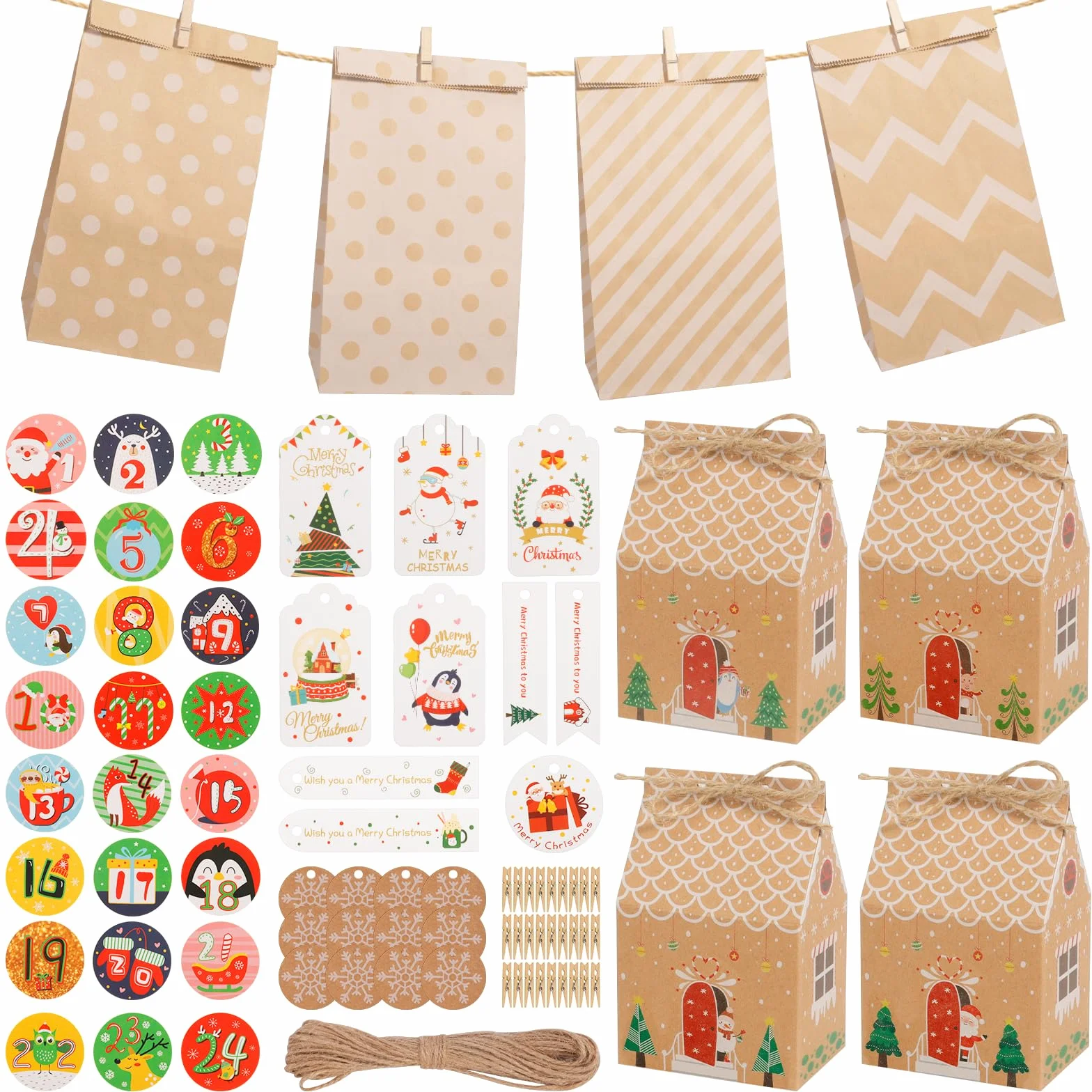CIRULLI Calendario Adviento Rellenable 24 Piezas Bolsa con Pegatinas Clips Madera Etiquetas Cuerda Cáñamo Decoración Navidad