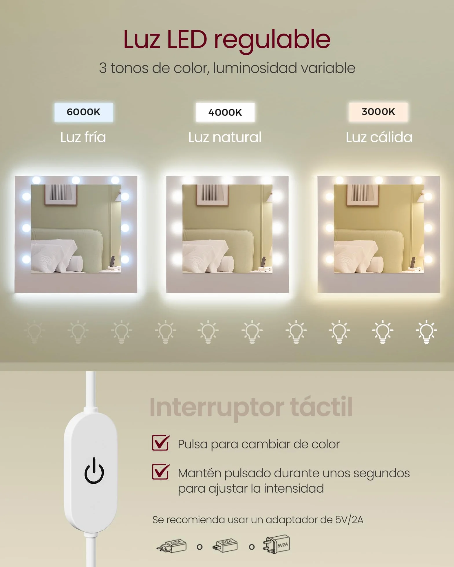 VASAGLE Kailyn Tocador con Espejo LED Regleta 9 Cajones Bombillas Regulables Iluminación 3 Colores Blanco Nube