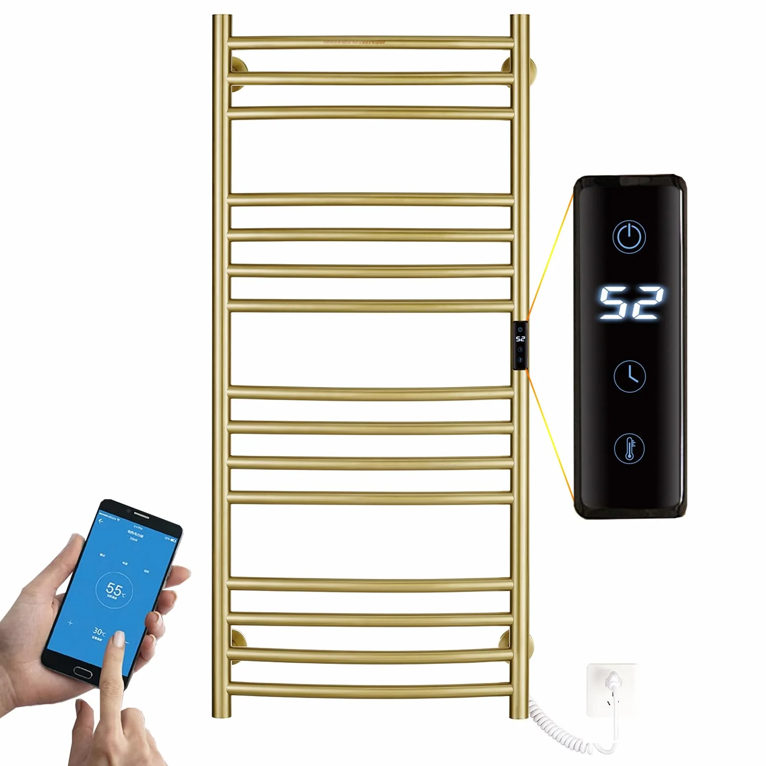 ESOP RadiadorToallero Eléctrico Baño Oro Cepillado 185 W Calienta Toallas 1100 x 600 mm 15 Varilla Curva WiFi Inteligente Temperatura Constante