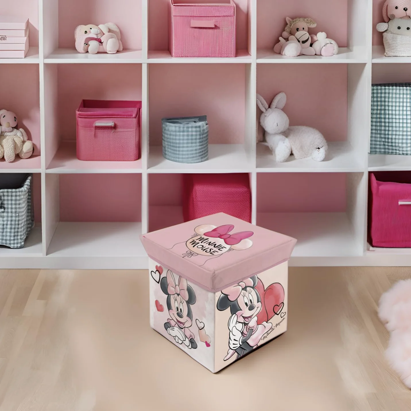 Cubo de almacenaje y asiento Minnie Mouse 30x30x30 cm Taburete infantil plegable con tapa acolchada Organizador de juguetes