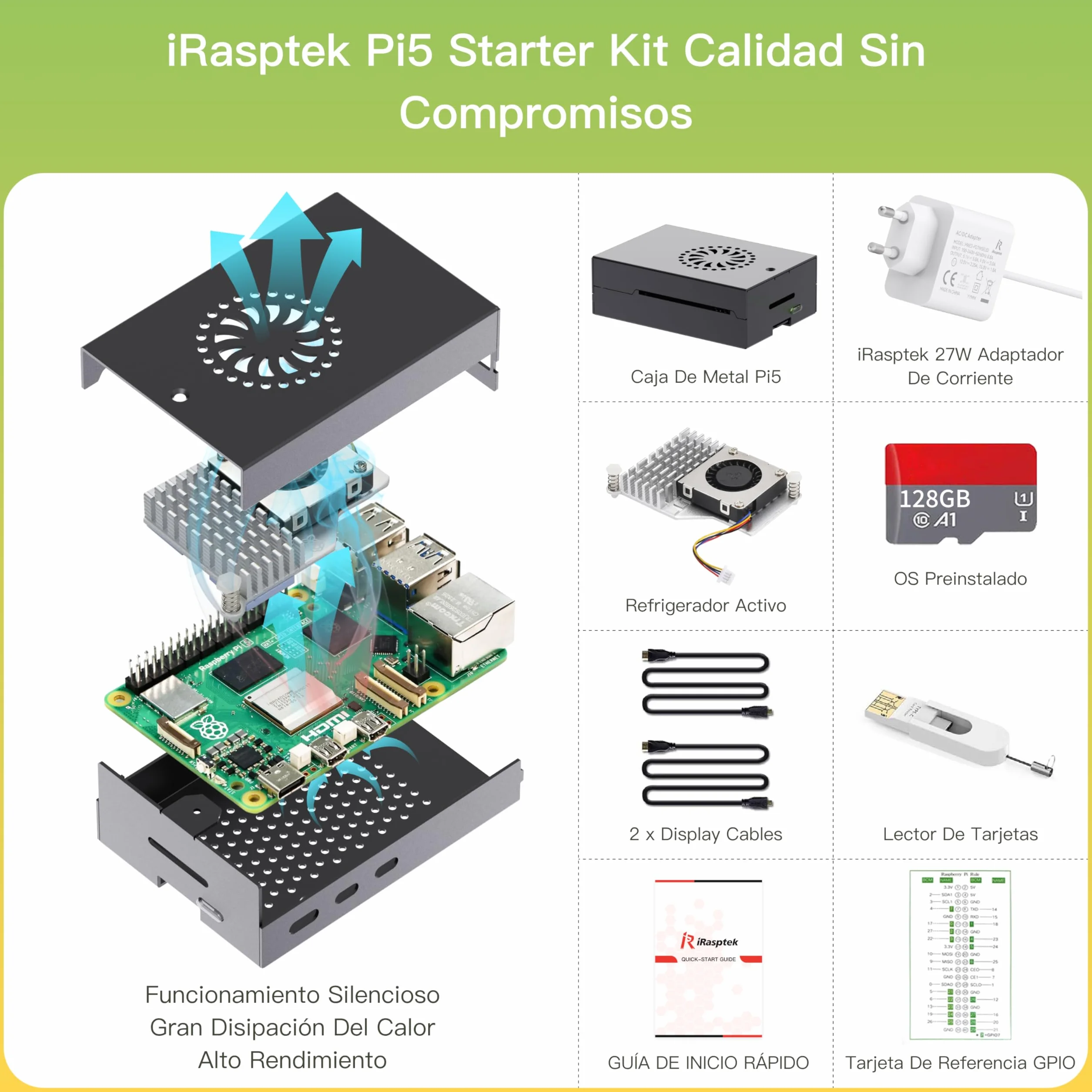 iRasptek Starter Kit para Raspberry Pi 5 8GB RAM 128GB OS-Bookworm Caja de Aluminio