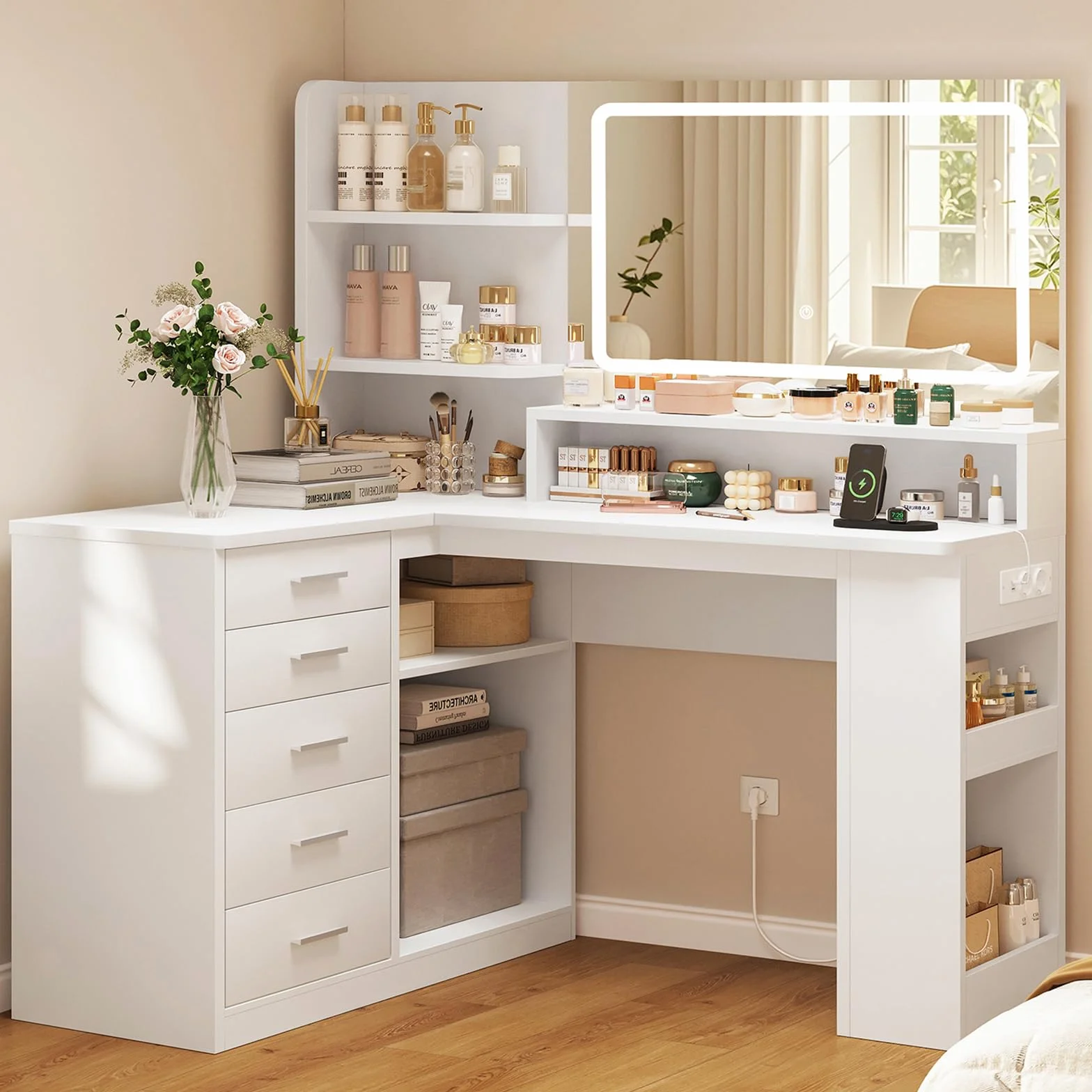 TEENFON Tocador de Maquillaje con Luz LED y Espejo, Cajones y Estantes, Mesa con Enchufes, Blanco, 5 Cajones