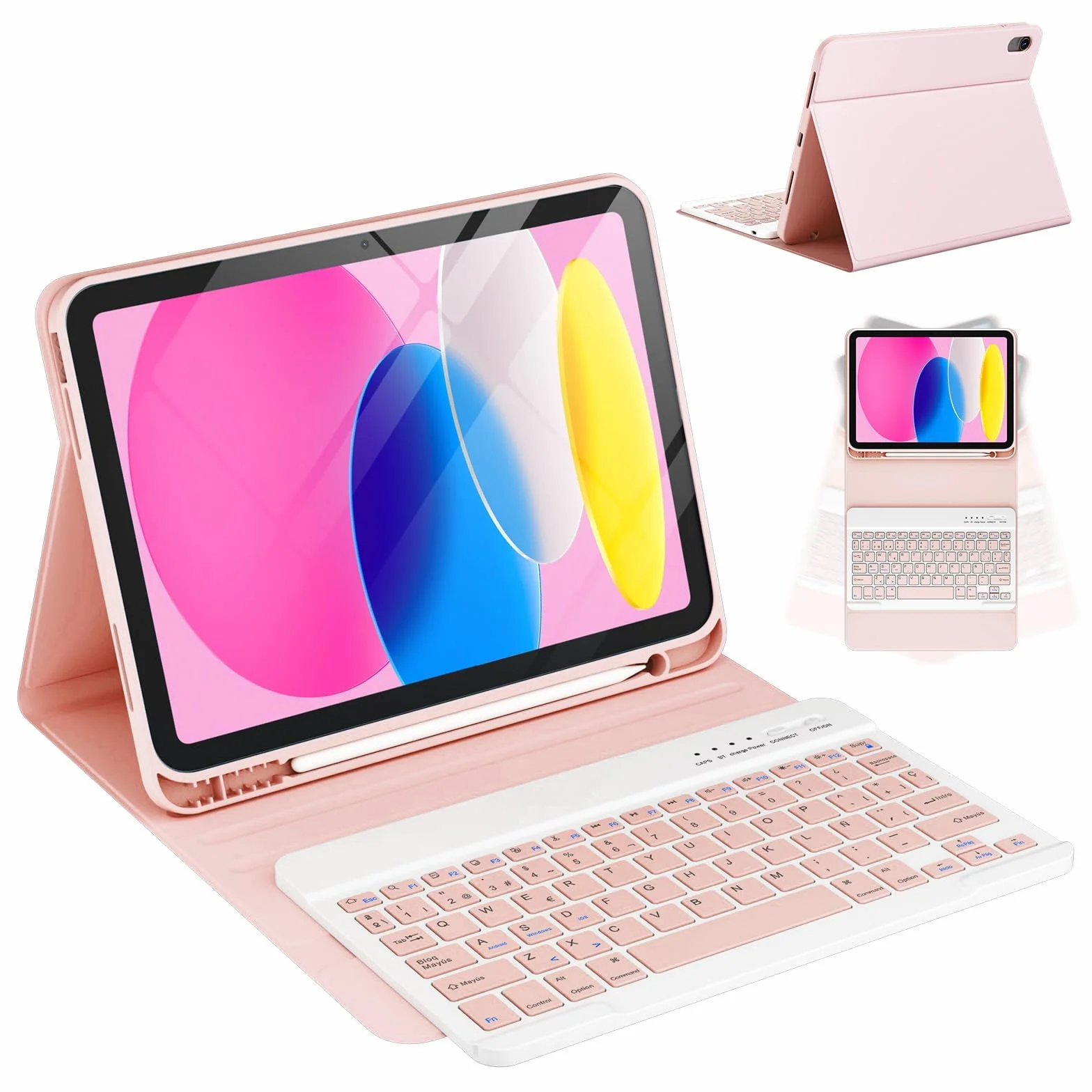 CC Store Teclado para iPad 10 Generación 2022/11 Generación A16 2025 (10.9/11 Pulgada), QWERTY Español Ñ, Bluetooth Magnéticamente ​con Soporte para lápiz​ Funda Teclado para iPad 10/11 Gen, Rosa