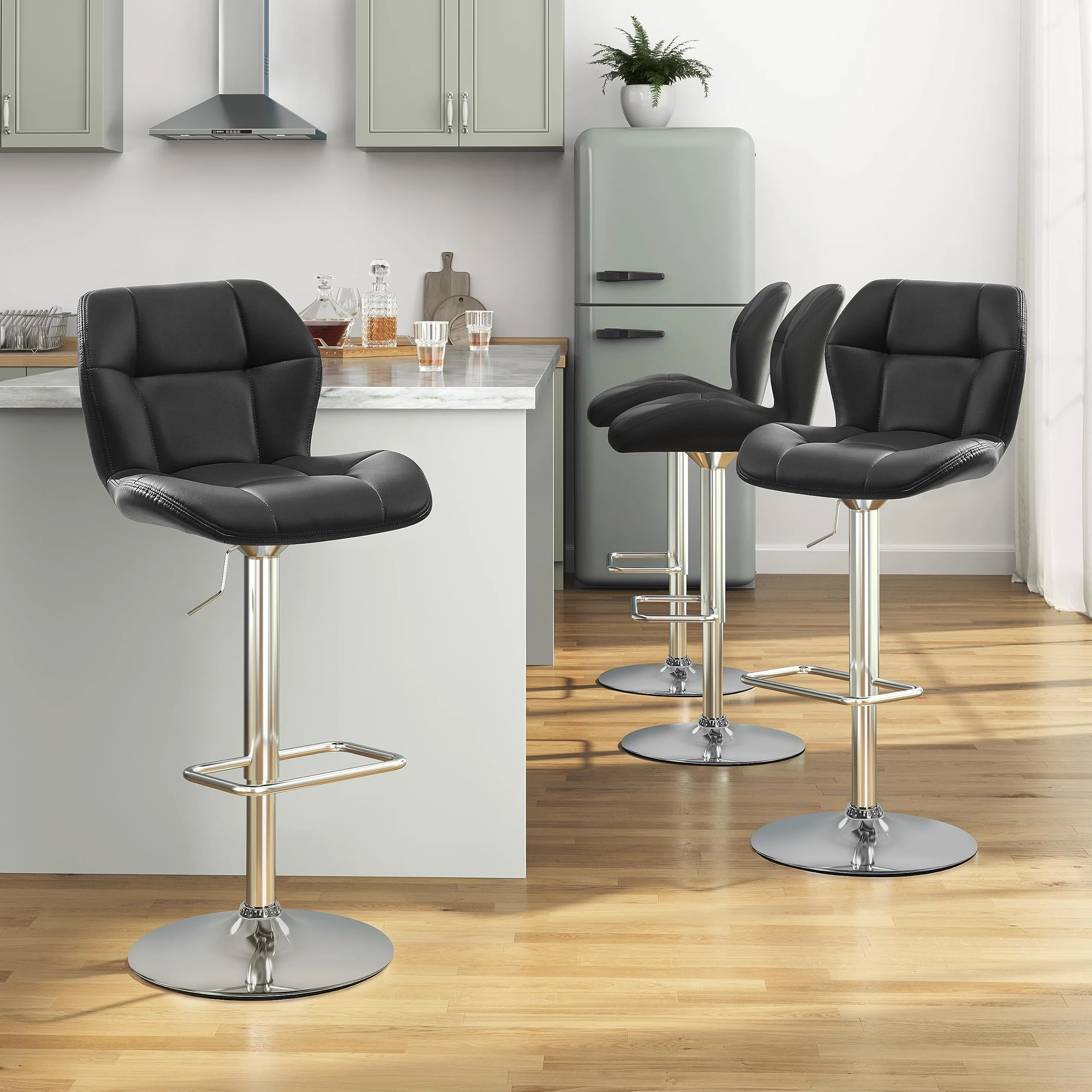 Yaheetech Juego de 4 Taburetes de Bar Altos de Cocina de Polipiel, Altura Ajustable, Giratorio 360° con Respaldo y Reposapiés, Negro