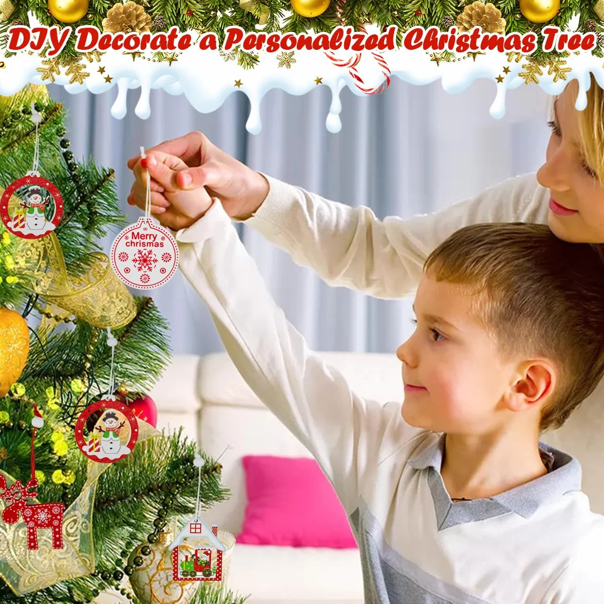 QINERSAW 24 Piezas Adornos de Madera para Árbol de Navidad con Cordel