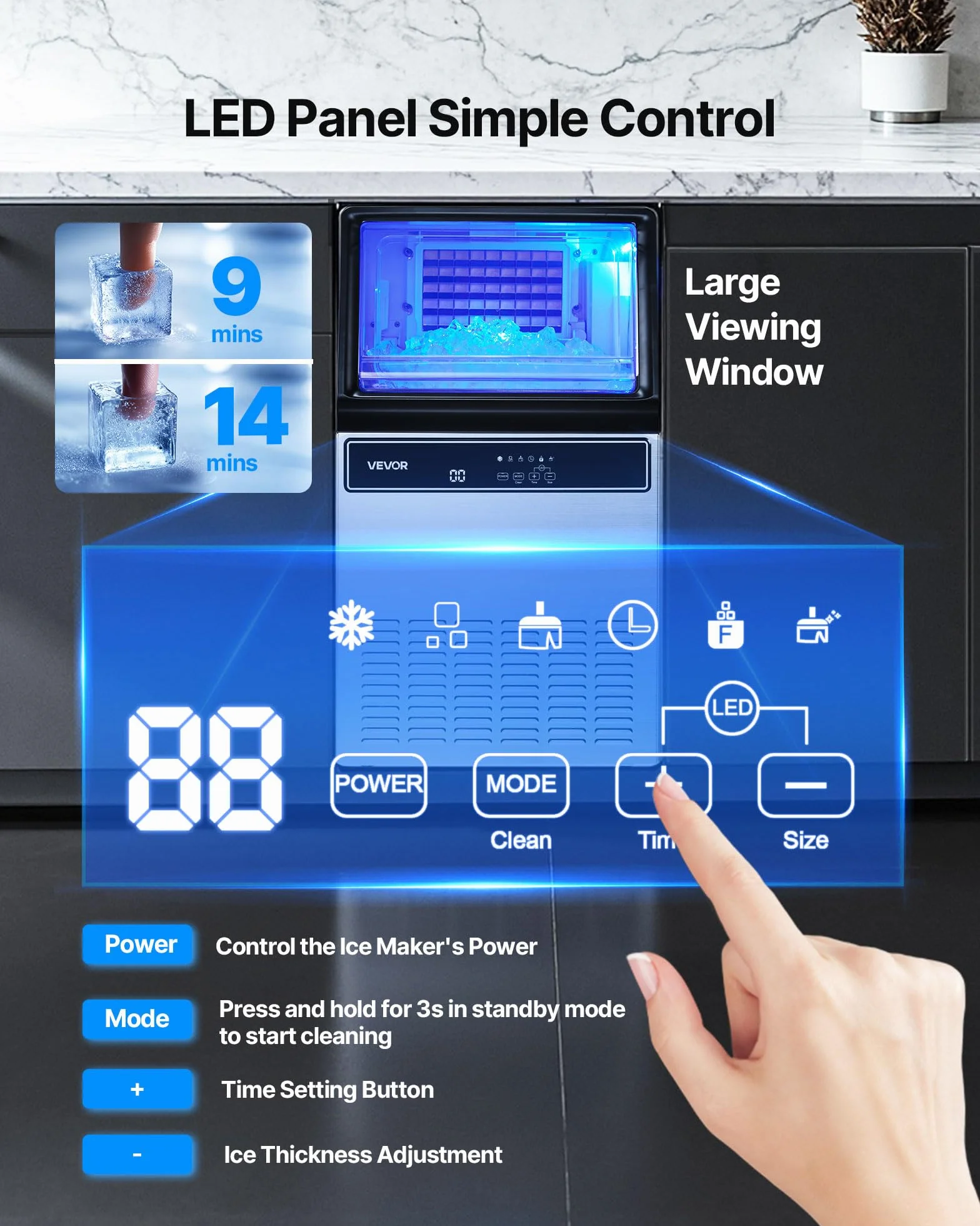 VEVOR Máquina para Fabricar Hielo 54,4 kg/24 h 15 kg Almacenamiento Acero Inoxidable Independiente Encimera Pantalla LED Autolimpieza