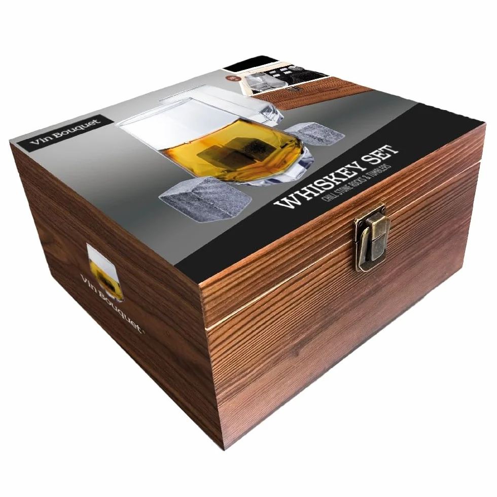 Vin Bouquet Fia 1366 Set Whiskey Caja Madera con Piedras Enfriar y Copas Cristal Accesorios Whisky Regalo
