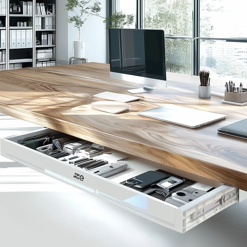 ER‑302 - Cajón bajo encimera (758 mm, plástico resistente, con guías de acero de hasta 10 kg, organizador de espacio de trabajo para oficina y oficina en casa, color blanco)