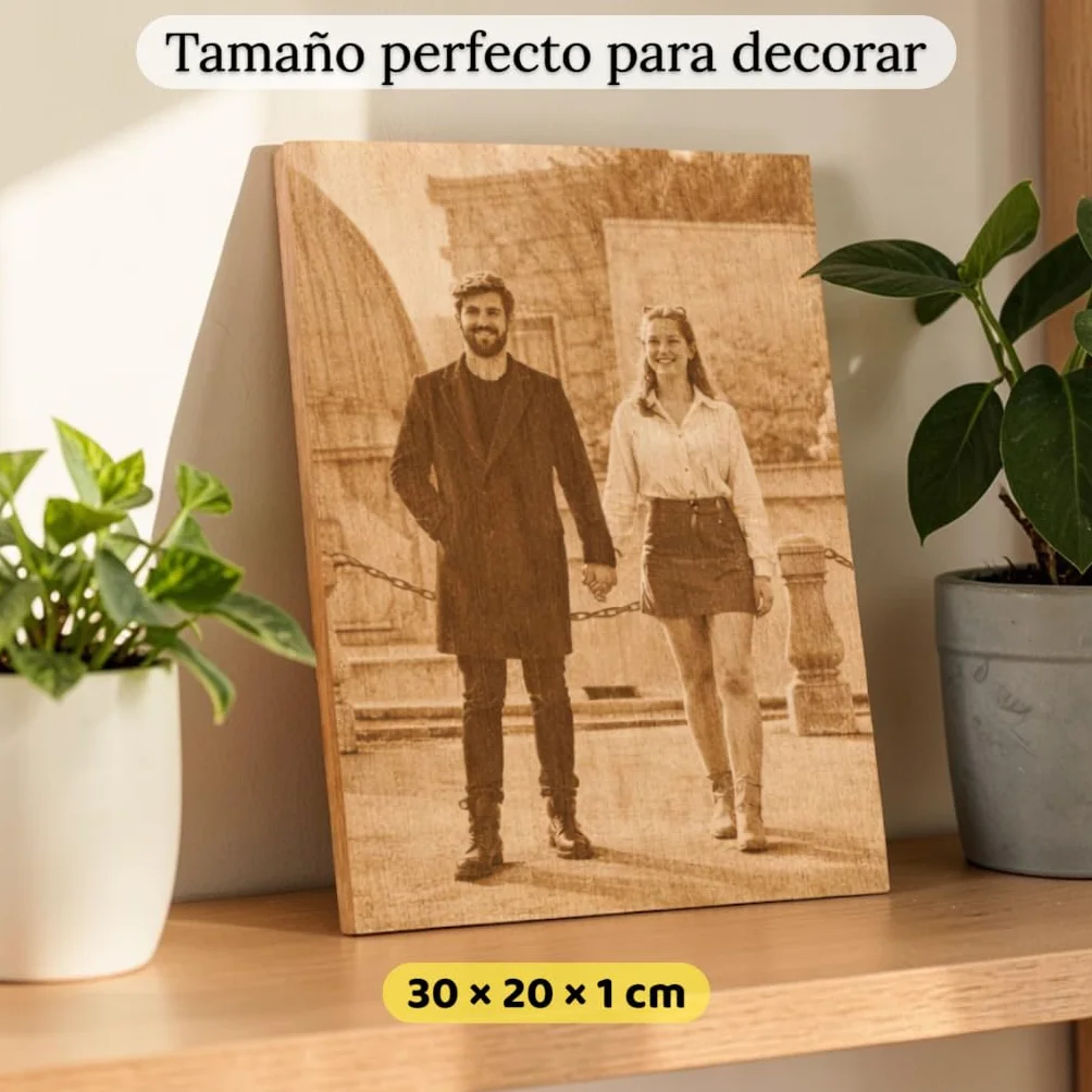 Regalo Personalizado para Pareja con Foto y Texto en Madera Natural - Cuadro Romántico Grabado con Imagen y Dedicatoria para Novio o Novia