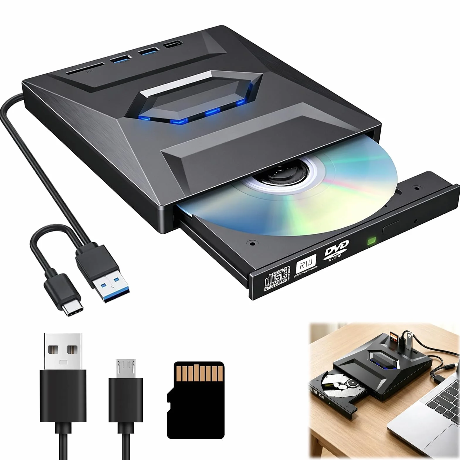 Lector CD Externo y Lector DVD Externo USB 3.0 USB C, Grabadora DVD Externa Portátil con Lector SD TF y 3 Puertos USB, Reproductor DVD para PC Laptop Mac Windows Linux