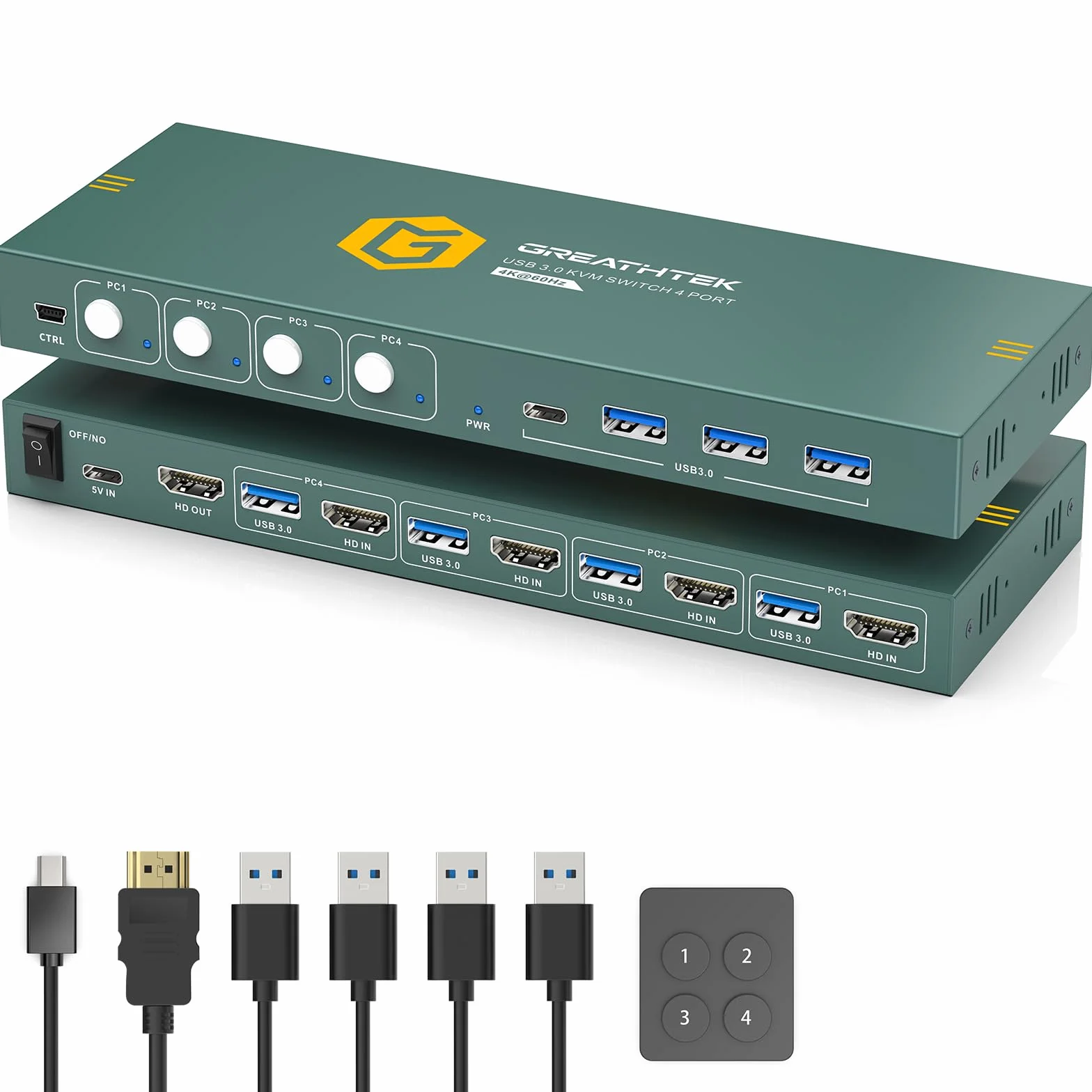 KVM Switch HDMI USB 3.0 4K@60Hz 4 Puertos 4 Computadoras y Monitor 3 Dispositivos Compartidos Botones y Cables Incluidos