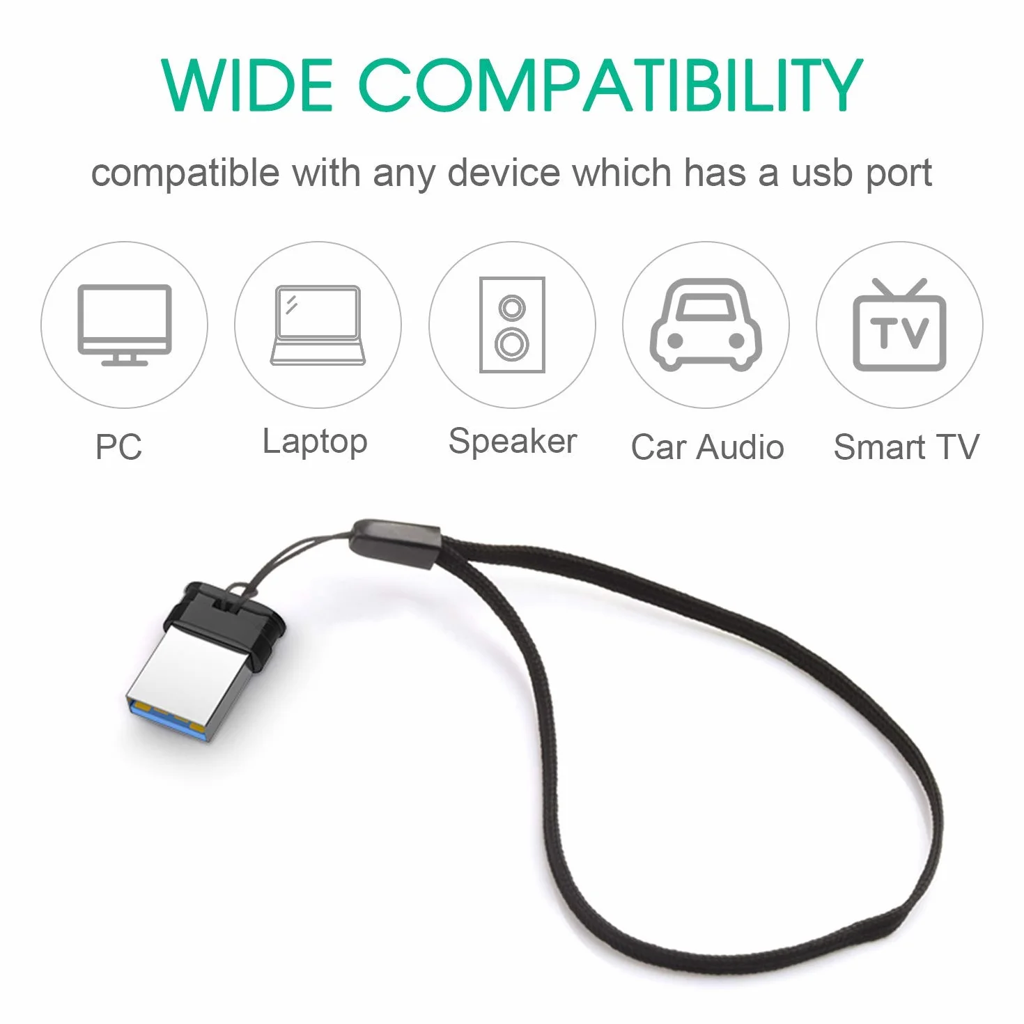 USB 64GB Mini, Vansuny Pendrive 64GB 3.0 Pack 2 Portátil, Memoria USB 64GB 3.0 Mini, Pen Drive 3.0 para PC Tablets, Estéreo de automóvil, Grabadoras (Negro, con Cable)