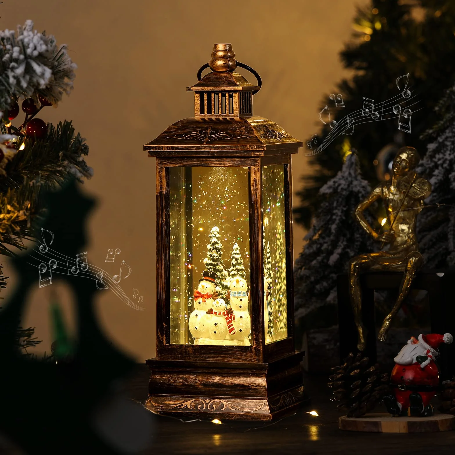 Linterna Bola de Nieve Iluminada Navidad Vintage Purpurina Caja Música Pilas USB Temporizador Decoración Mesa