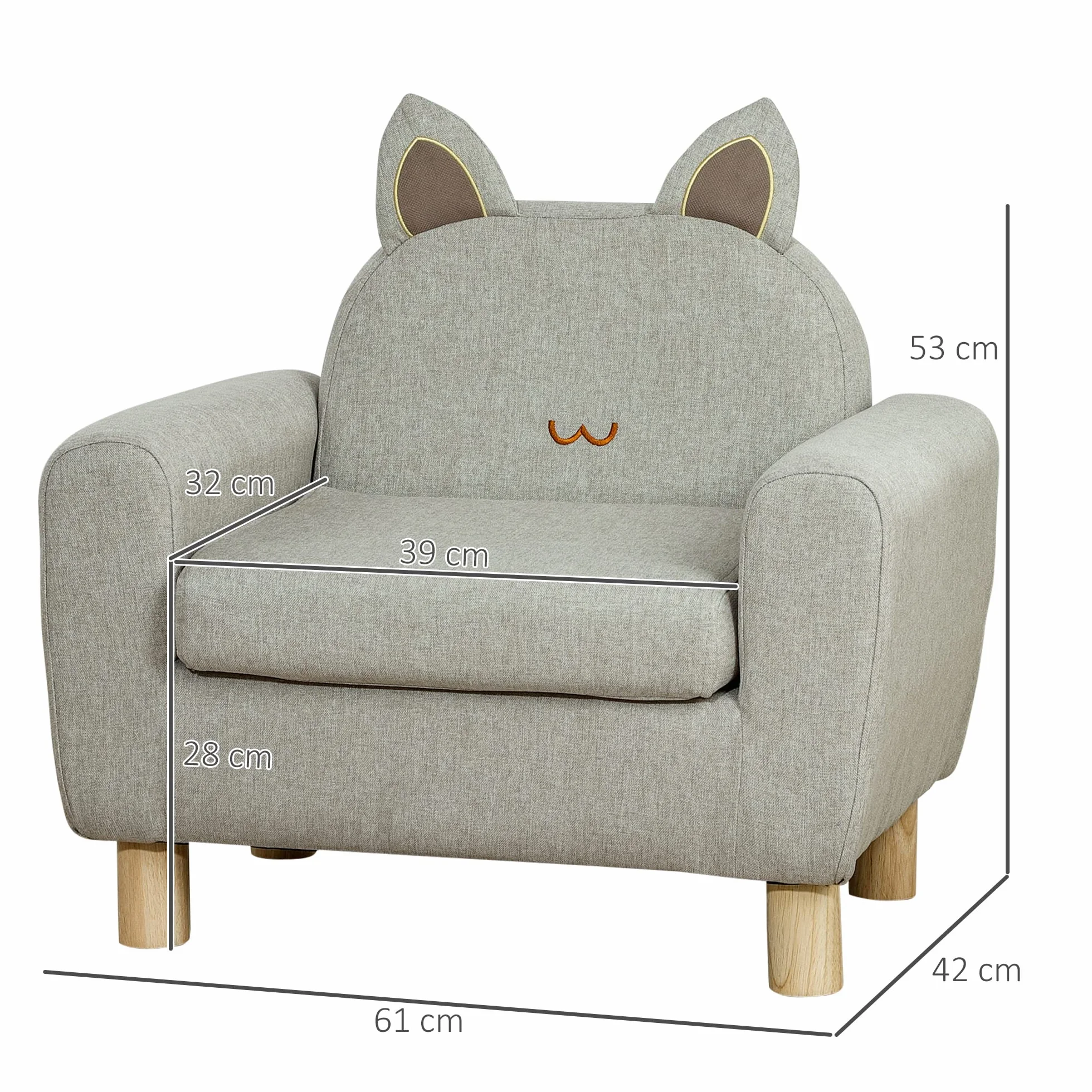 HOMCOM Sillón Infantil Mini Sofá para Niños 3 Años Asiento Acolchado Reposabrazos Bolsillo Almacenamiento Estructura Madera 45 kg 61x42x53 cm Marrón