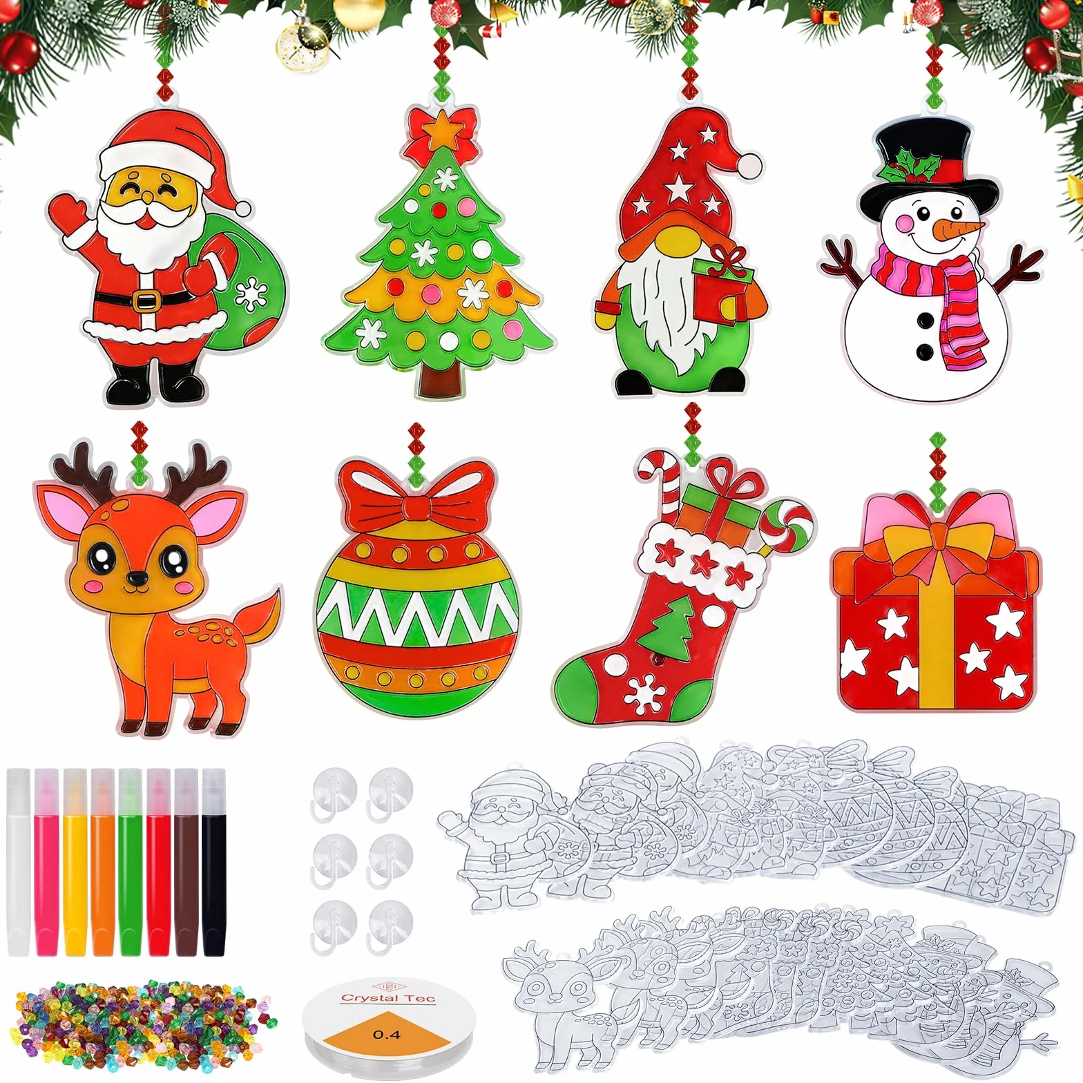 AHIKY Kits Manualidades Navidad para Niños, 24 Piezas Atrapasoles Adorno Navideño Acrílico para Pintar, DIY Ornamentos Navidad Niños, Decoración Colgante Creativa para Ventanas Regalo Artesanal