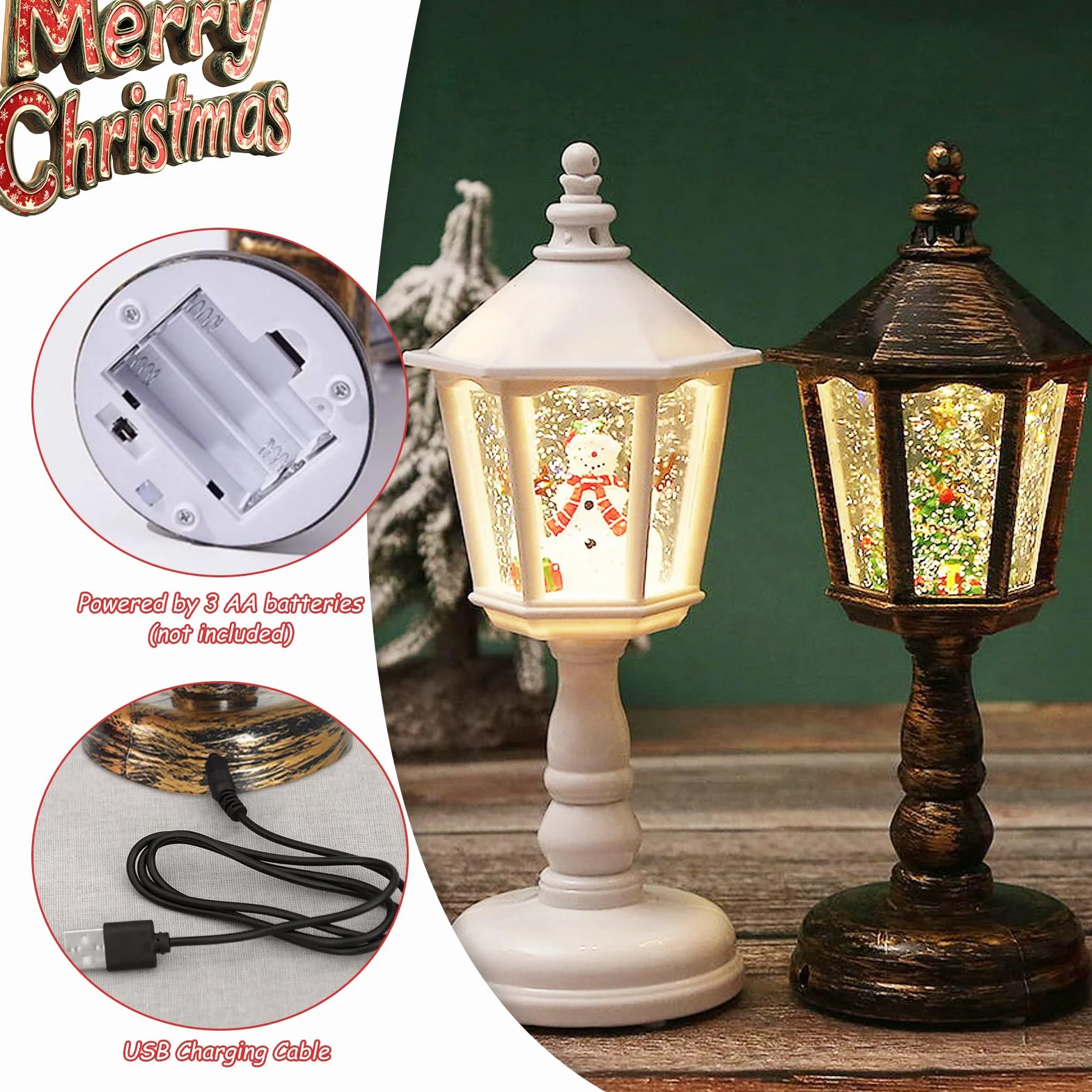 Farolillo de Navidad LED con Bola de Nieve, Música y Luz Blanca Cálida