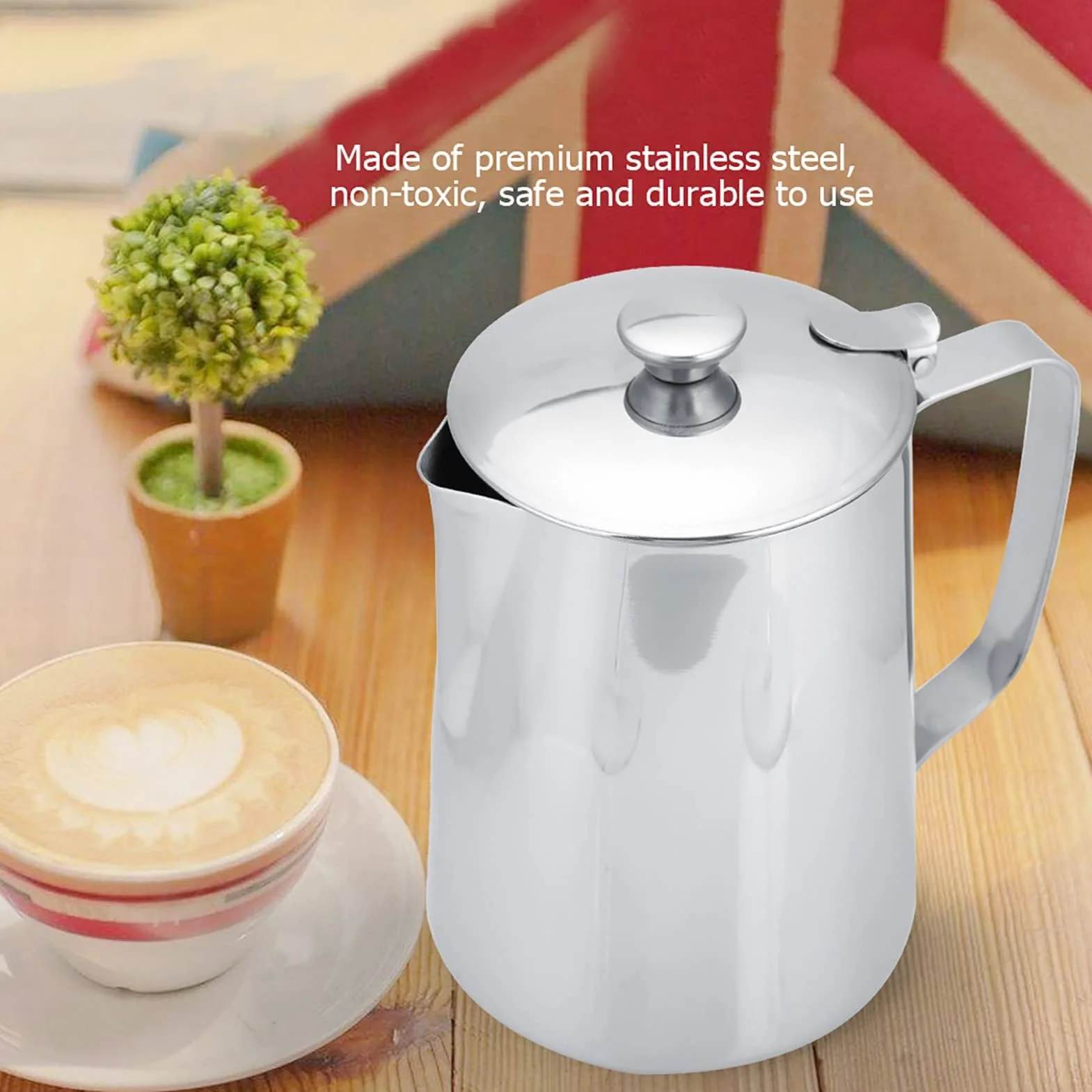 Jarra de Leche de Acero Inoxidable con Tapa para Capuchino, Café y Té (1000ML)
