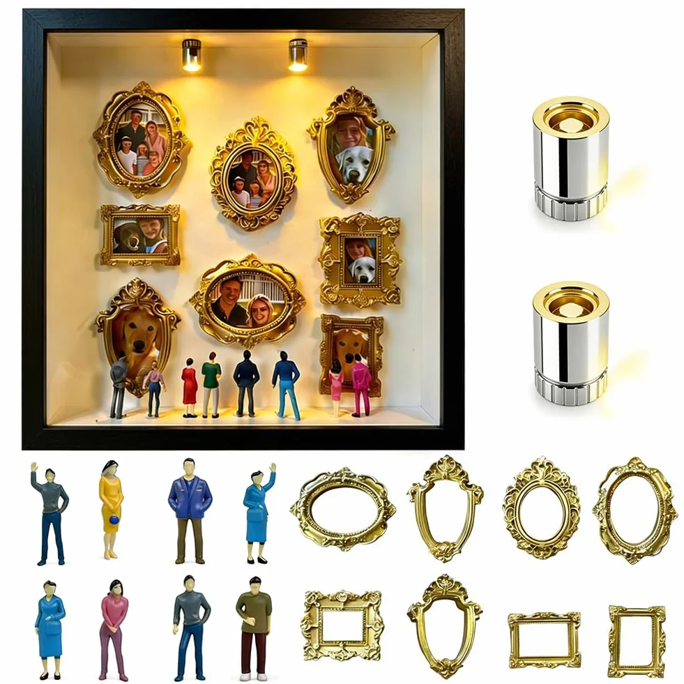 Mini caja de silueta de museo, juego de recordatorio de fotos con 8 mini marcos de fotos dorados y 8 figuras aleatorias, marco de fotos creativo con luz LED para aniversario, boda, decoración del