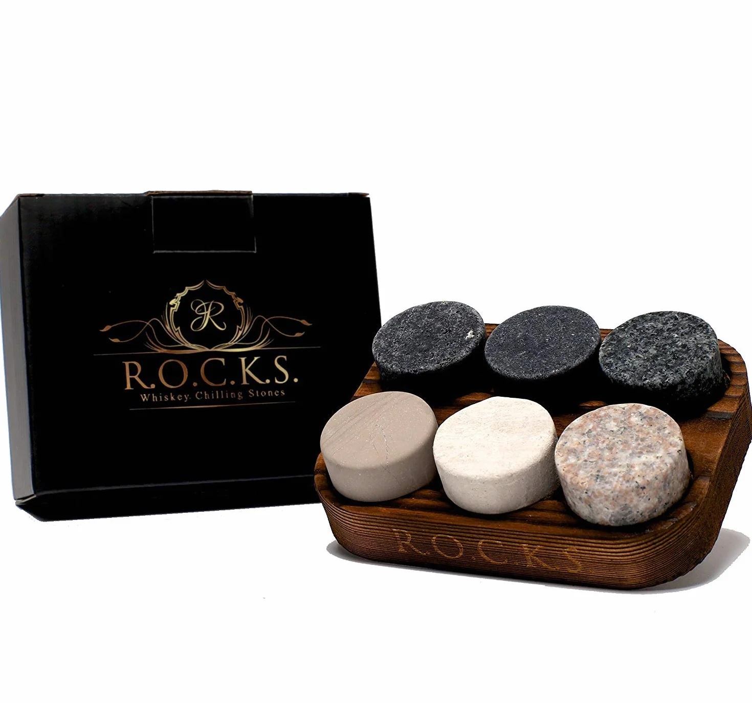 Piedras Refrigerantes para Whisky - Set de 6 Piedras Redondas de Granito Premium Hechas a Mano – Presentadas en una Bandeja de Madera de Roble – Perfecto como Regalo De R.O.C.K.S.