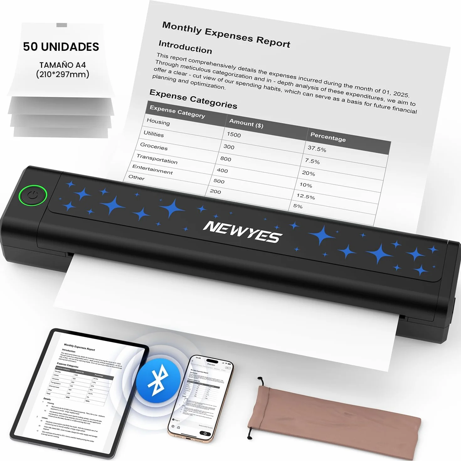 NEWYES Impresora Térmica Portátil sin Tinta, con Conectividad Inalámbrica para Negocios, Viajes, Hogar y Uso Educativo