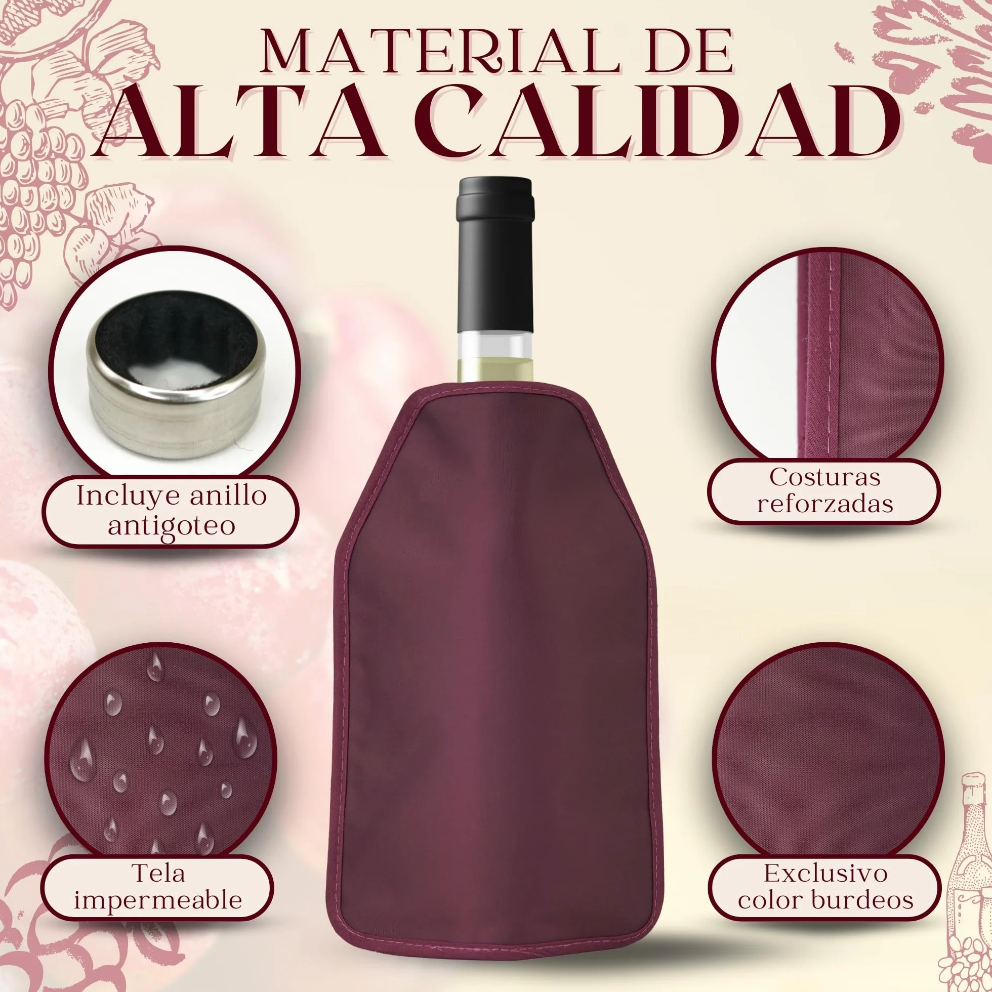 Enfriador de Botellas de Vino Reutilizable con Gel – Funda Enfriadora sin Hielo – Mantiene el Vino Frío 2h – Burdeos