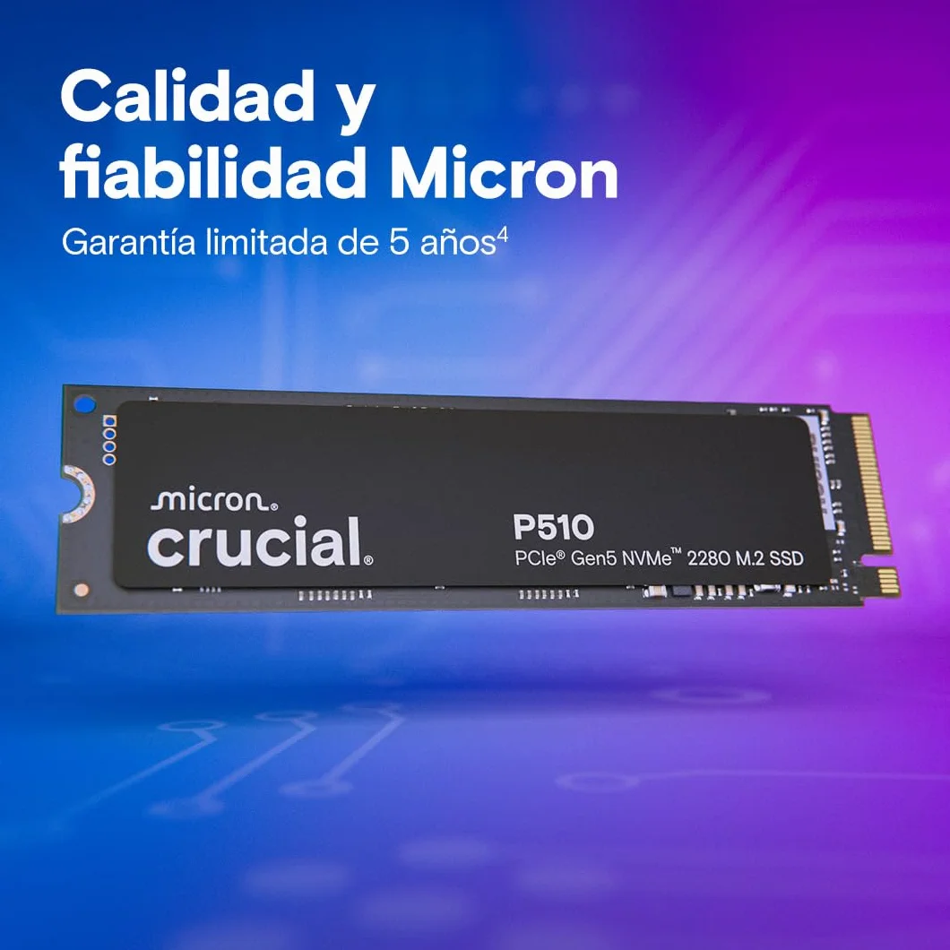 Crucial P510 SSD 1TB PCIe 5.0 x5 Gen5 NVMe M.2, Velocidades de lectura hasta 11.000 MB/s, escritura 9.500 MB/s, Ordenador Portátil y de Sobremesa, TLC NAND, Disco Duro Interno- CT1000P510SSD8-01