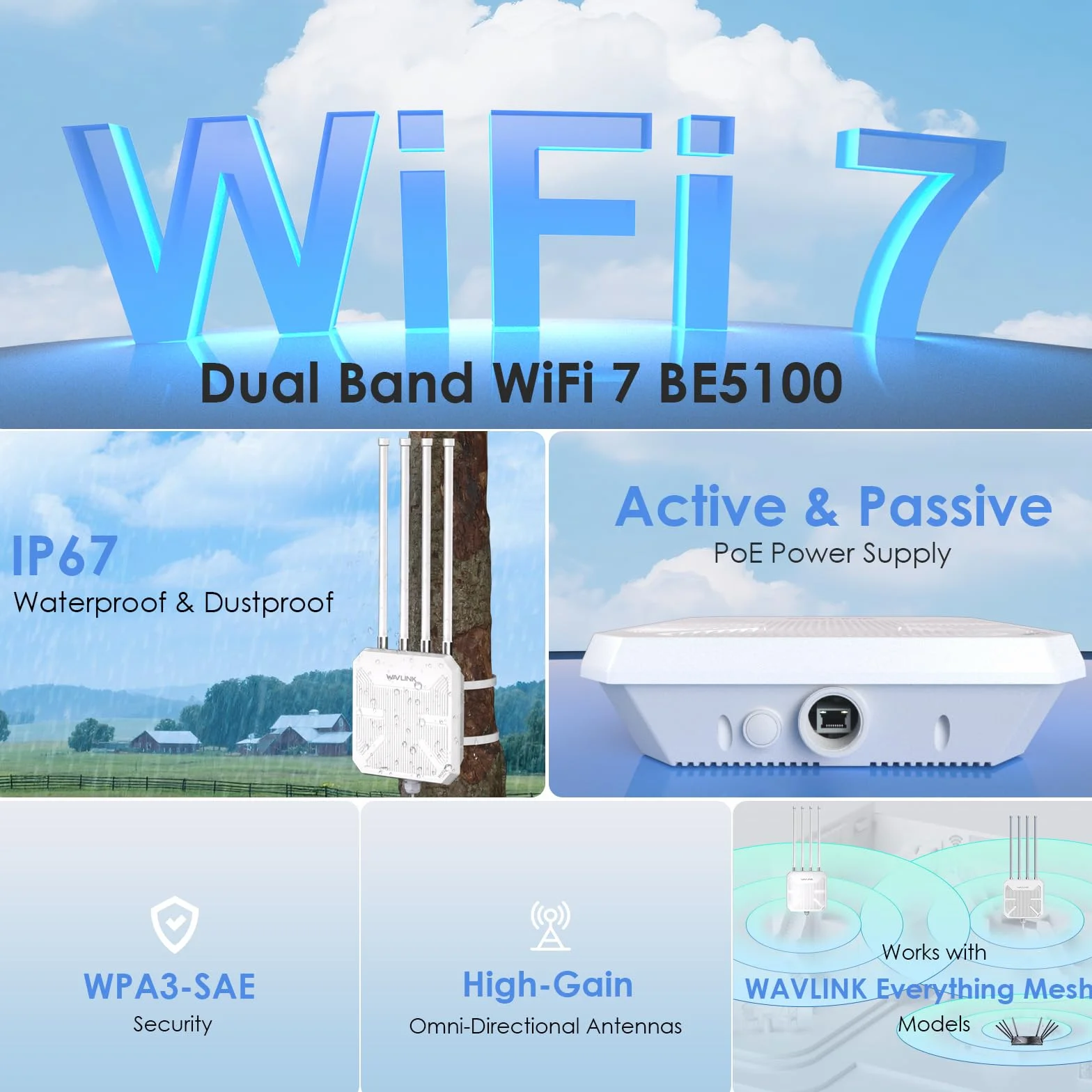Router WiFi 7 WAVLINK Exterior BE5100 Mesh, Repetidor, Punto de Acceso, IP67 Impermeable, Protección Antirrayos 4KV, PoE Activo/Pasivo, Antenas 8dBi, Largo Alcance para Zonas Rurales y Empresas