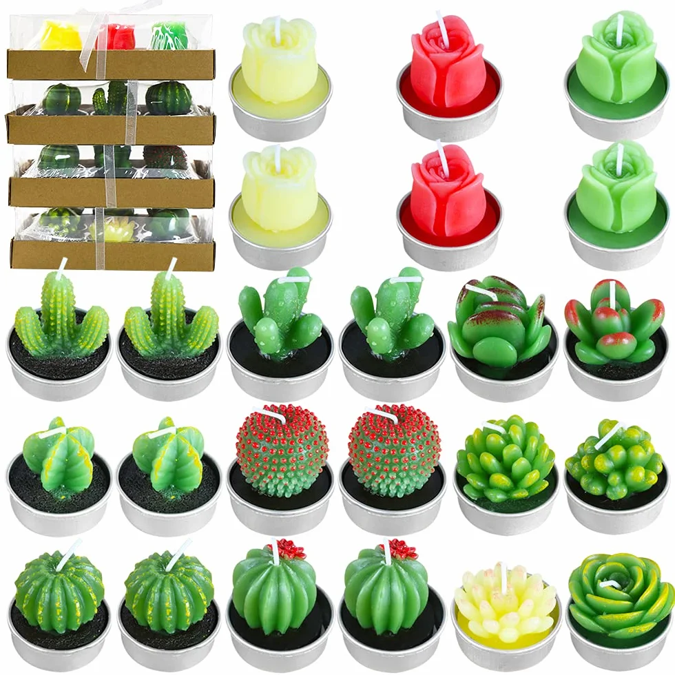Juego de Velas de té de Cactus, Hechas a Mano, delicadas Velas de Cactus suculentas, Plantas suculentas Artificiales para Fiestas, Festivales, cumpleaños, decoración del hogar (24 Piezas)