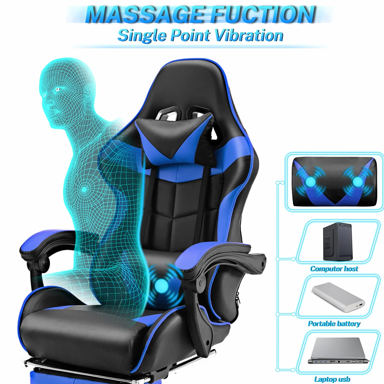 Soontrans Silla Gaming con Masajeador, Reposapiés y Reposacabezas, Cojín Lumbar de Masaje, Sillón Gamer para Livestreaming (Azul)