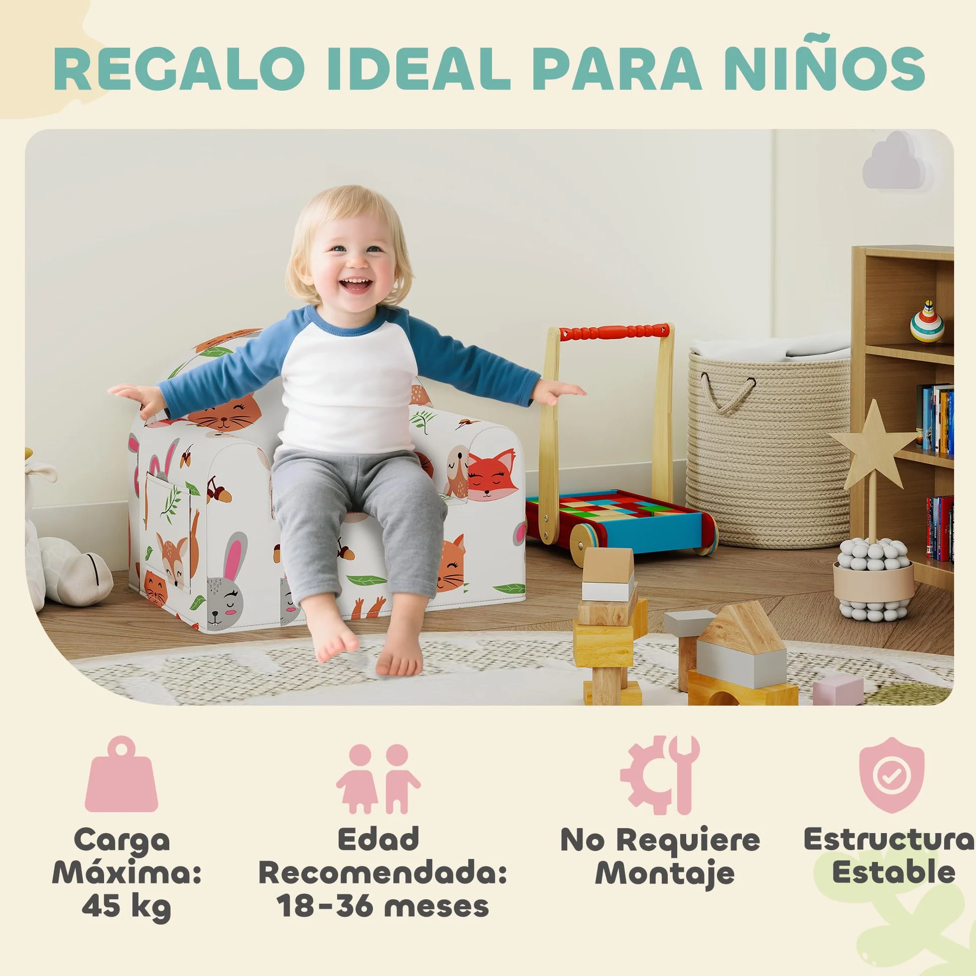 AIYAPLAY Sillón Infantil con Estampado de Zorros, Sofá para Niños 18-36 Meses, Funda Extraíble y Lavable, Carga 45 kg, Blanco