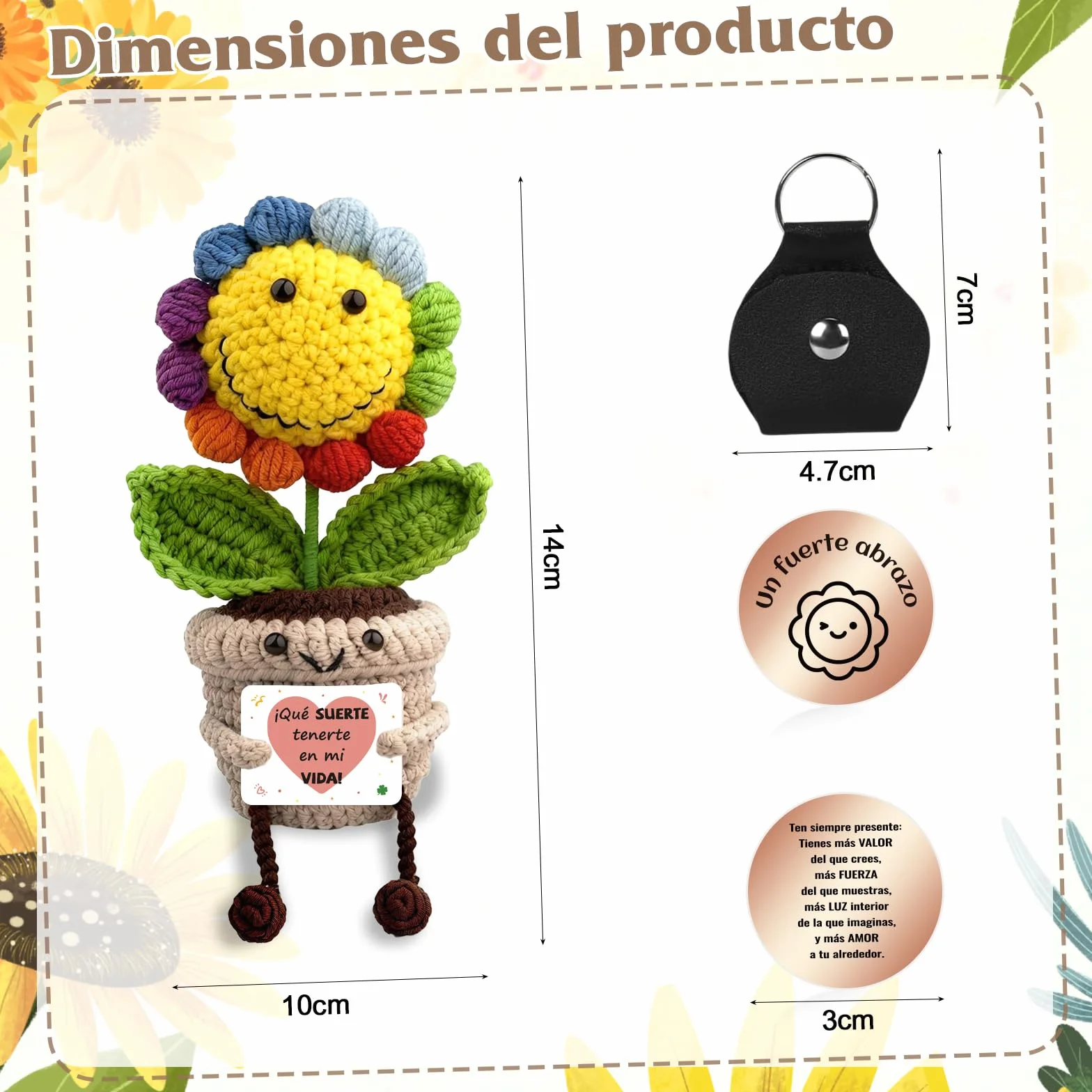 Girasol Crochet con Mensaje Positivo Regalo Original para Mujer Flores Amuletos Suerte Peluche Motivacional