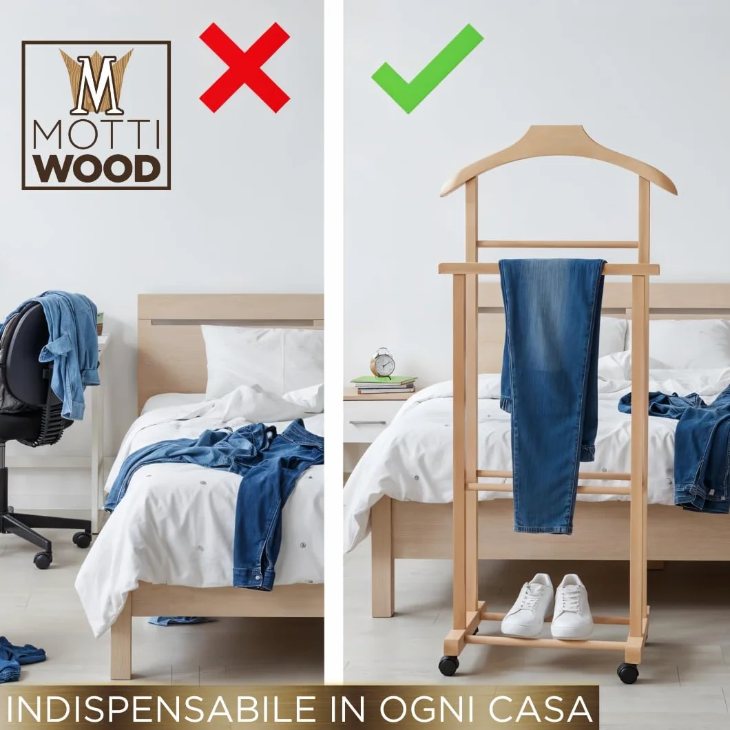 Galán de noche perchero dormitorio madera haya natural Servo Mudo doble 4 ruedas fabricado Italia
