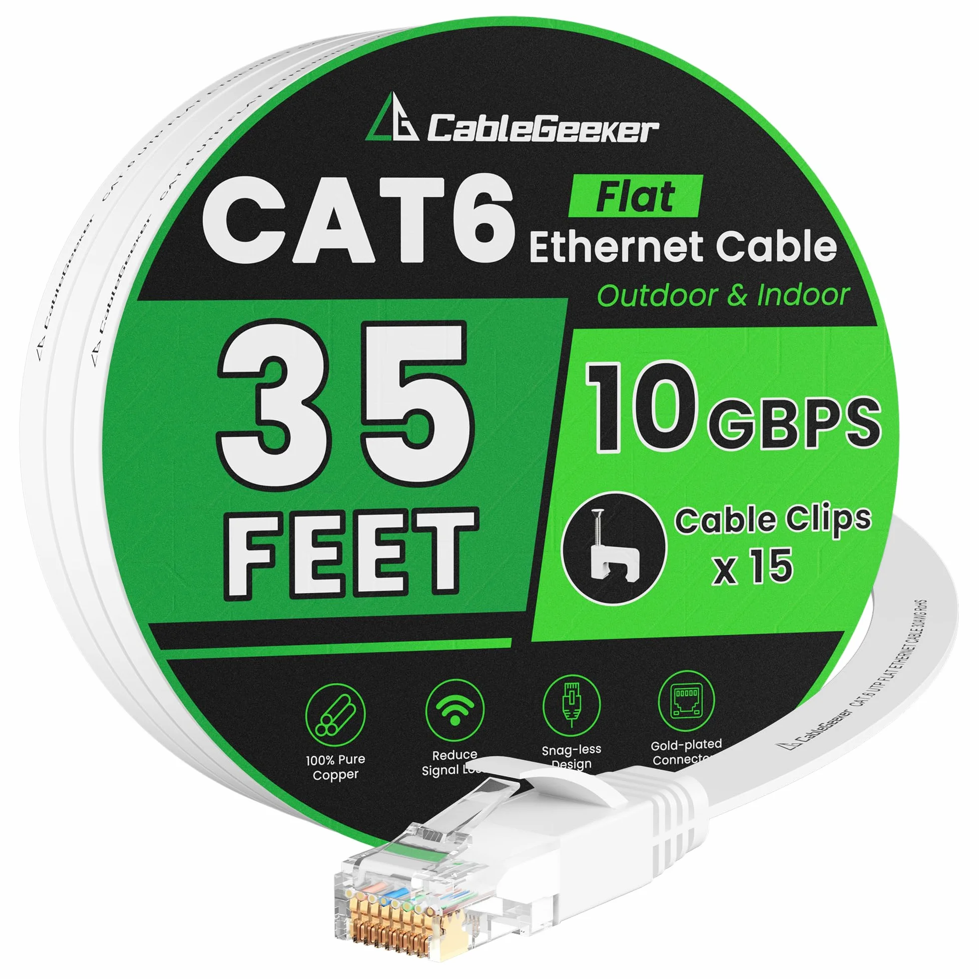 Cable Ethernet Cat 6 de 35 pies, para interiores y exteriores, cable plano de red de Internet de alta velocidad de 10 Gbps, cable de conexión Ethernet de cobre puro, cable LAN de computadora con clips