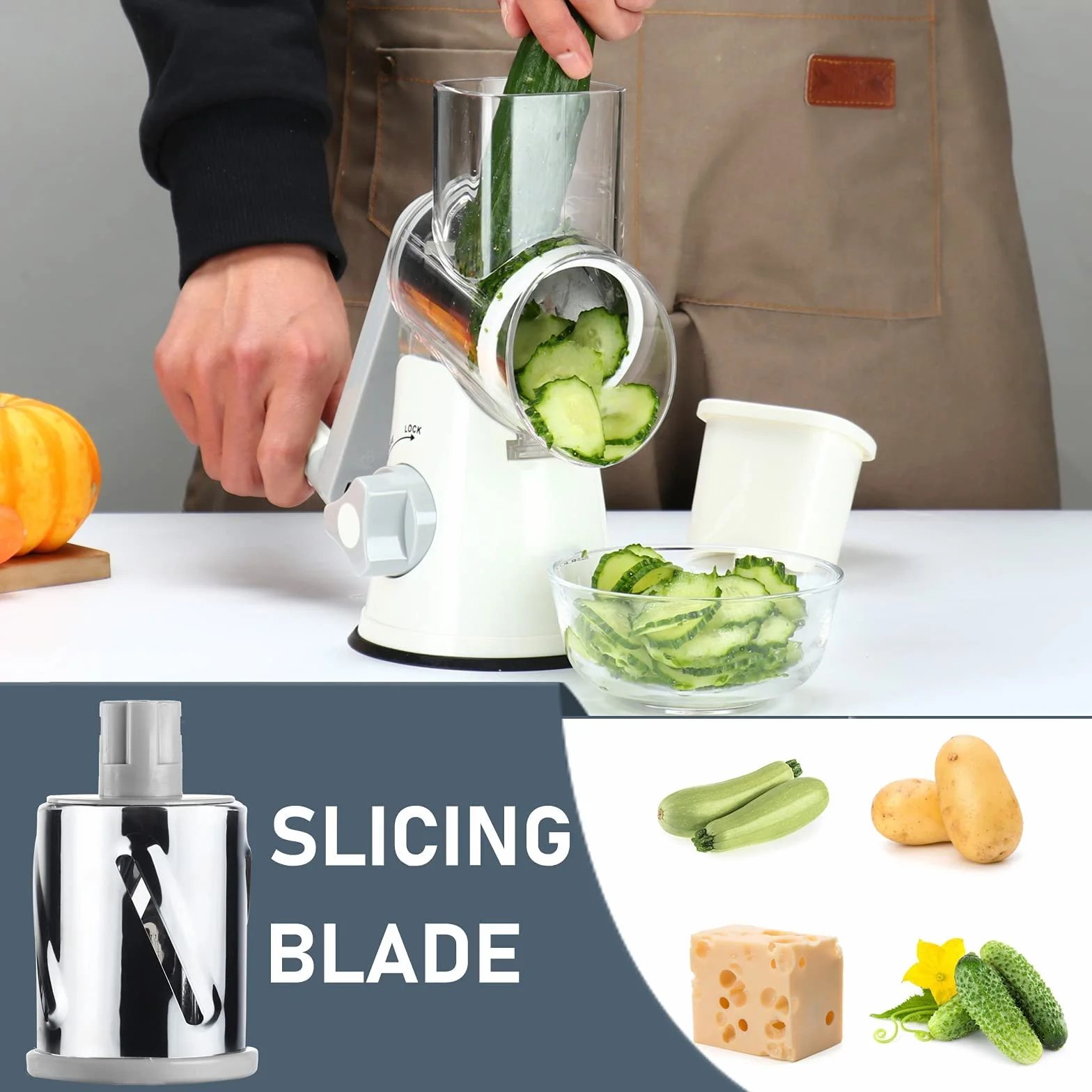 Rallador de Verduras Manual Cortador Mandolina con 3 Cuchillas Multifunción Blanco