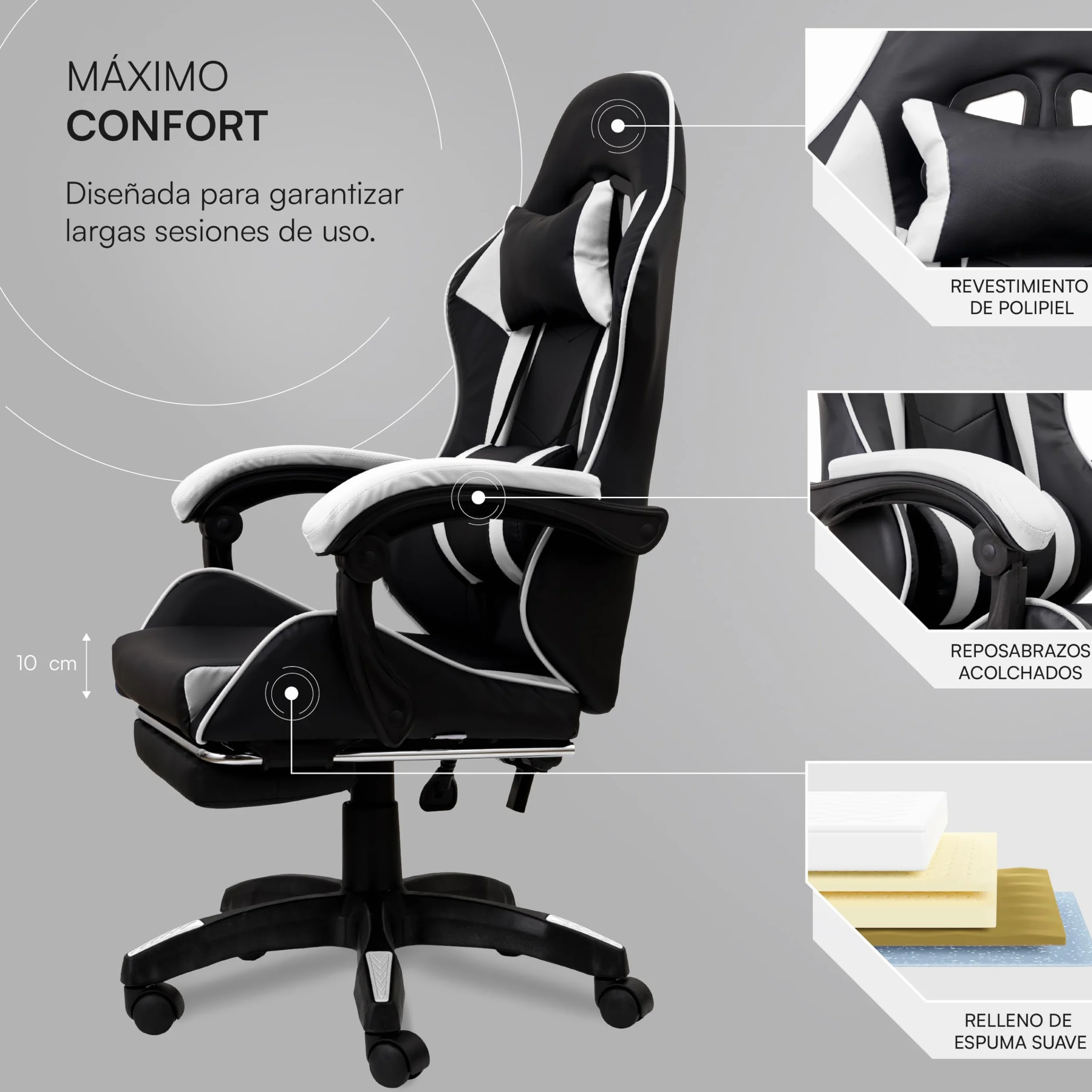 Baroni Home Silla Gaming Ergonómica Inclinable Altura Regulable, Soporte Lumbar, Reposacabezas Acolchado, Reposapiés Extraíble, Blanco, 58x66x114-124 cm