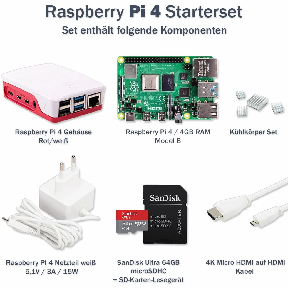 Raspberry Pi 4 4 GB / 8 GB Starter Kit | 64 GB SD tarjeta | Fuente de alimentación USB-C de 15 W | Carcasa | Cable Micro HDMI 4K | Juego de disipador de calor (4 GB de RAM)