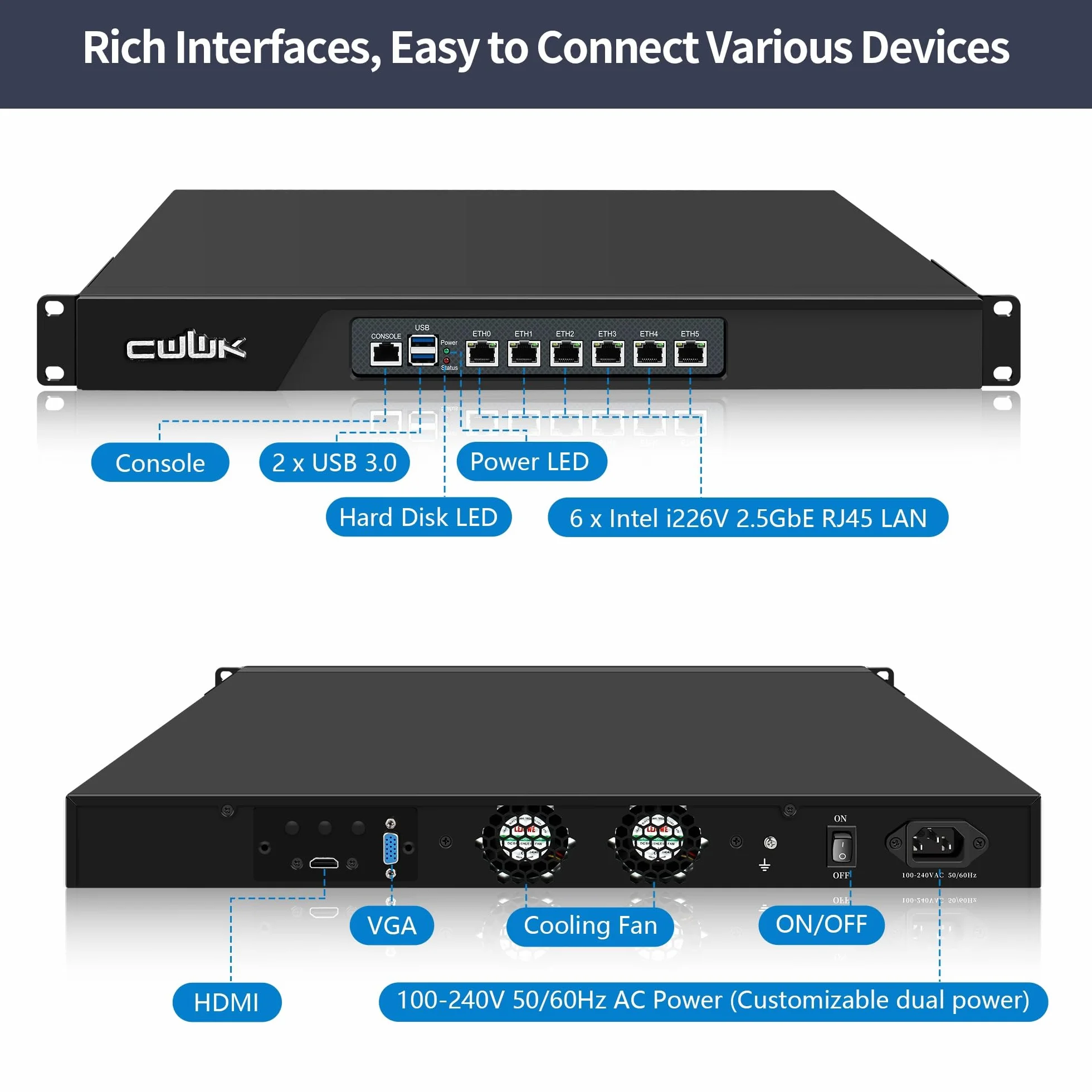 CWWK 1U N100 Firewall Appliance Rackmount, 19” Rack Firewall Hardware with 6 Port i226-V 2.5GbE LAN, U1 OPNsense Homelab Server DDR5 8GB RAM 128GB SSD, HD + VGA 2-Display, AES-NI
