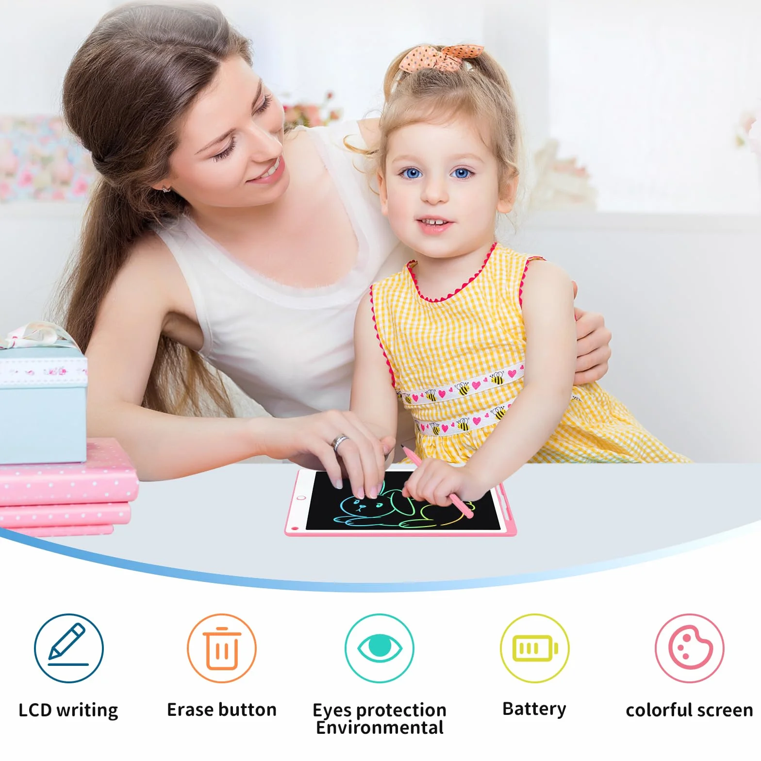 Tableta Escritura LCD Color 8.5 Pulgadas, Tablet Escritura Niños, Pizarra Digital con Botón De Eliminación de Pantalla e Interruptor de Bloqueo para Juegos para 2 3 4 5 6 7 Años, Rosa
