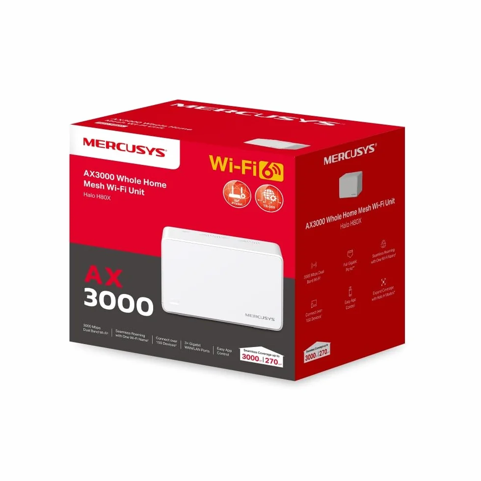 Mercusys Halo H80X (1-Pack) - AX3000 WiFi 6 Mesh, Sistema WiFi de Alta Velocidad hasta 260 m², 1 Unidad, Roaming Inteligente, Control Parental, Compatible con Alexa, Ideal para Hogares Grandes