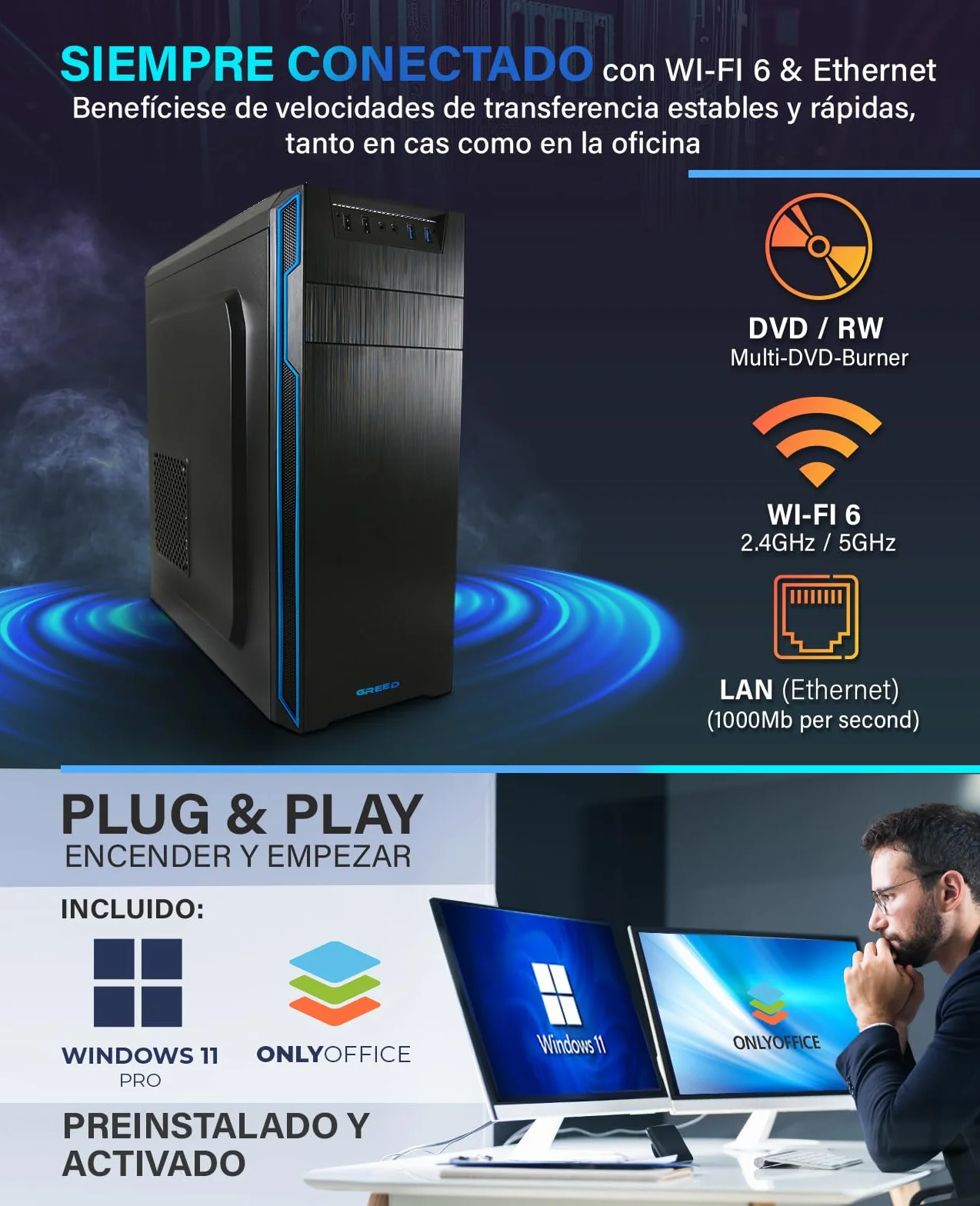 Greed® Multimedia V2 PC con Intel Core i7 10700 - Ordenador de sobremesa + Home Office PC con 4,8 GHz, 16 GB RAM - 512 GB SSD - DVD+RW - USB3.1 - Wi-Fi, con Windows 11 Pro