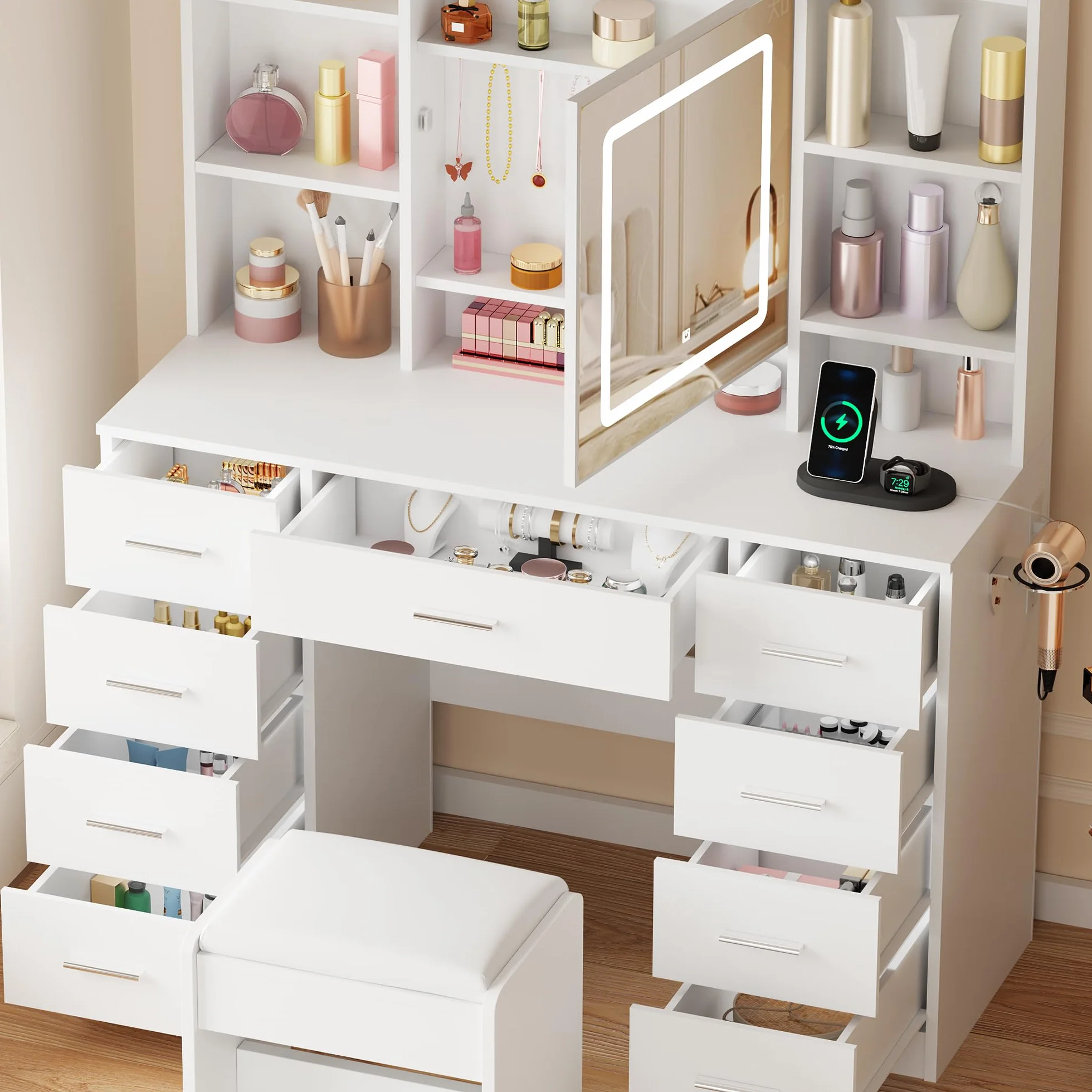 BEWISHOME Tocador de Maquillaje con Espejo LED, Brillo Ajustable, Mesa con Enchufes y Taburete, 9 Cajones, Blanco EFST36W