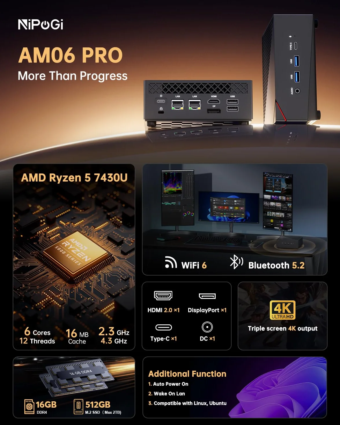 NiPoGi AM06PRO Mini PC Ryzen 5 7430U 16GB DDR4 512GB M.2 SSD 4K Triple Display WiFi 6 BT5.2 Dual LAN