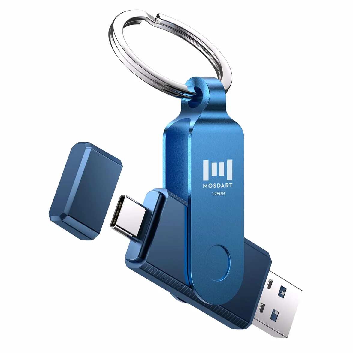 MOSDART Unidad flash USB C dual de 128 GB, velocidad de hasta 150 MB/S, tipo C 3.1, con llavero e indicador LED, para iPhone 15 y 16, teléfono Android, iPad, MacBook y portátiles, color azul marino