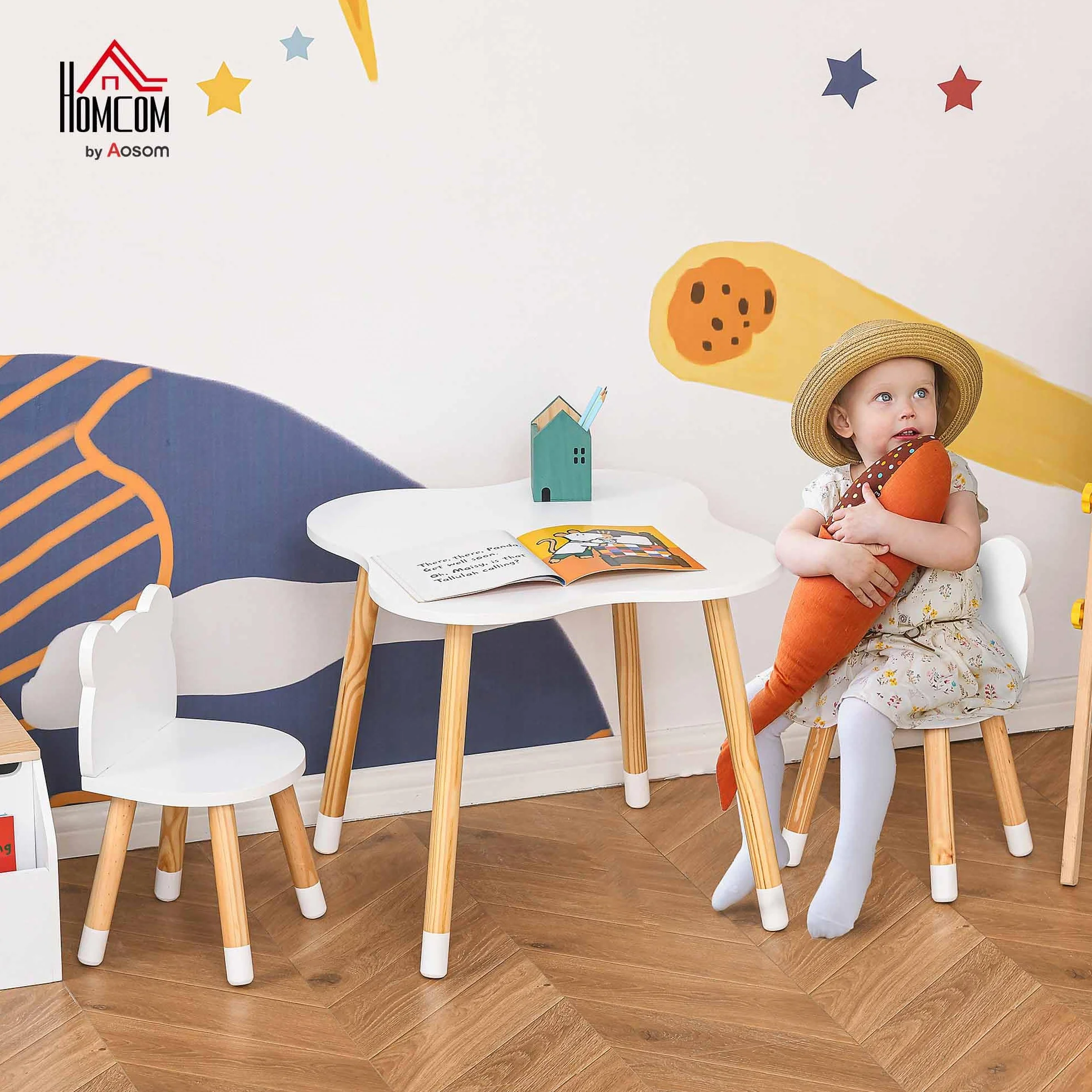 HOMCOM Mesa y Sillas Infantil de Madera para Sala de Juego y Dormitorio Natural y Blanco