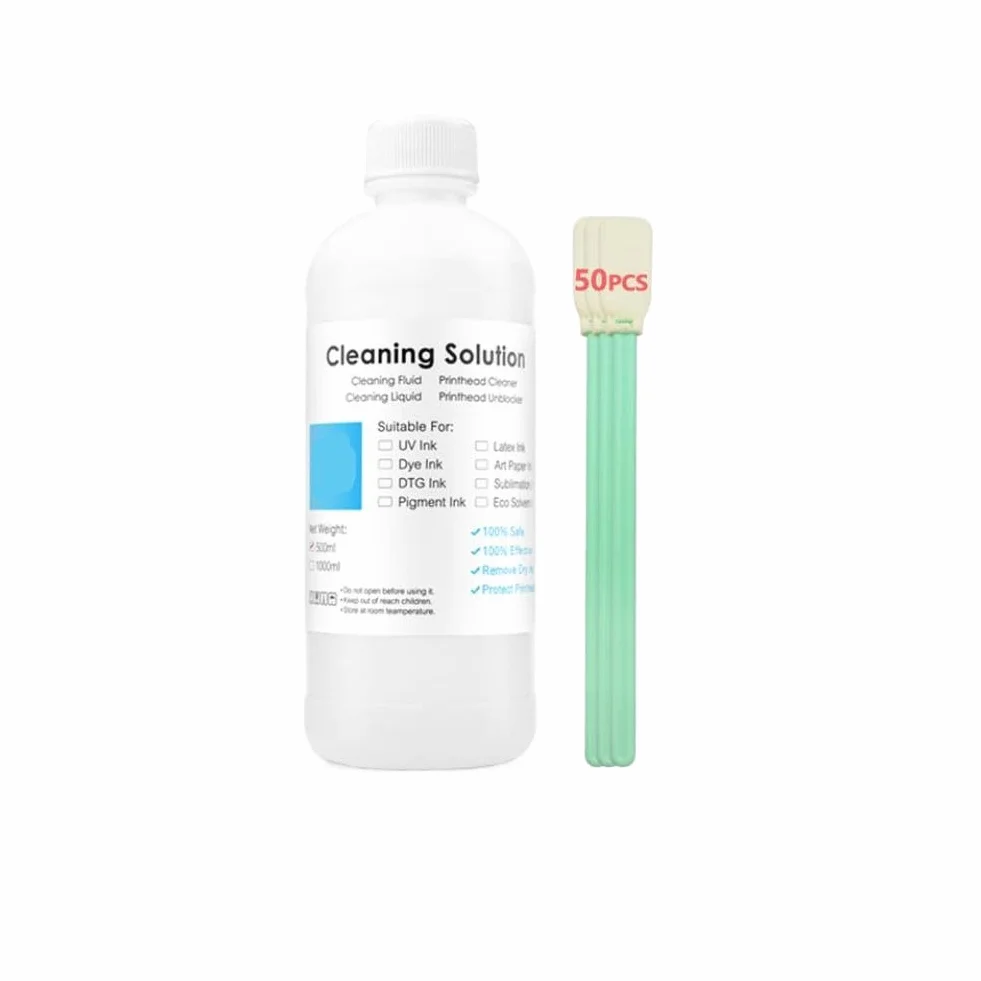 Solución de Limpieza de Tinta DTG, líquido Limpiador Universal para Cabezal de impresión de Tinta Textil, Compatible con Impresora, 500ML(500ml-50 Swabs)
